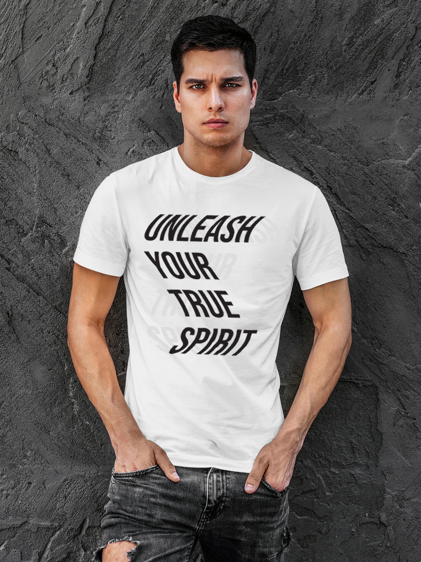 Model wearing Men's White Round Neck T-shirt with 'Unleash Your True Spirit' design, offering effortless style and premium comfort