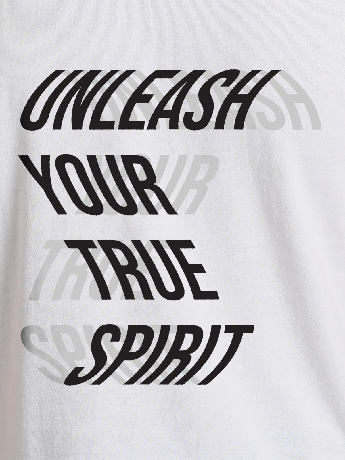 Close up of 'Unleash Your True Spirit' design on Men's White Round Neck T-shirt, highlighting intricate details and vibrant print.