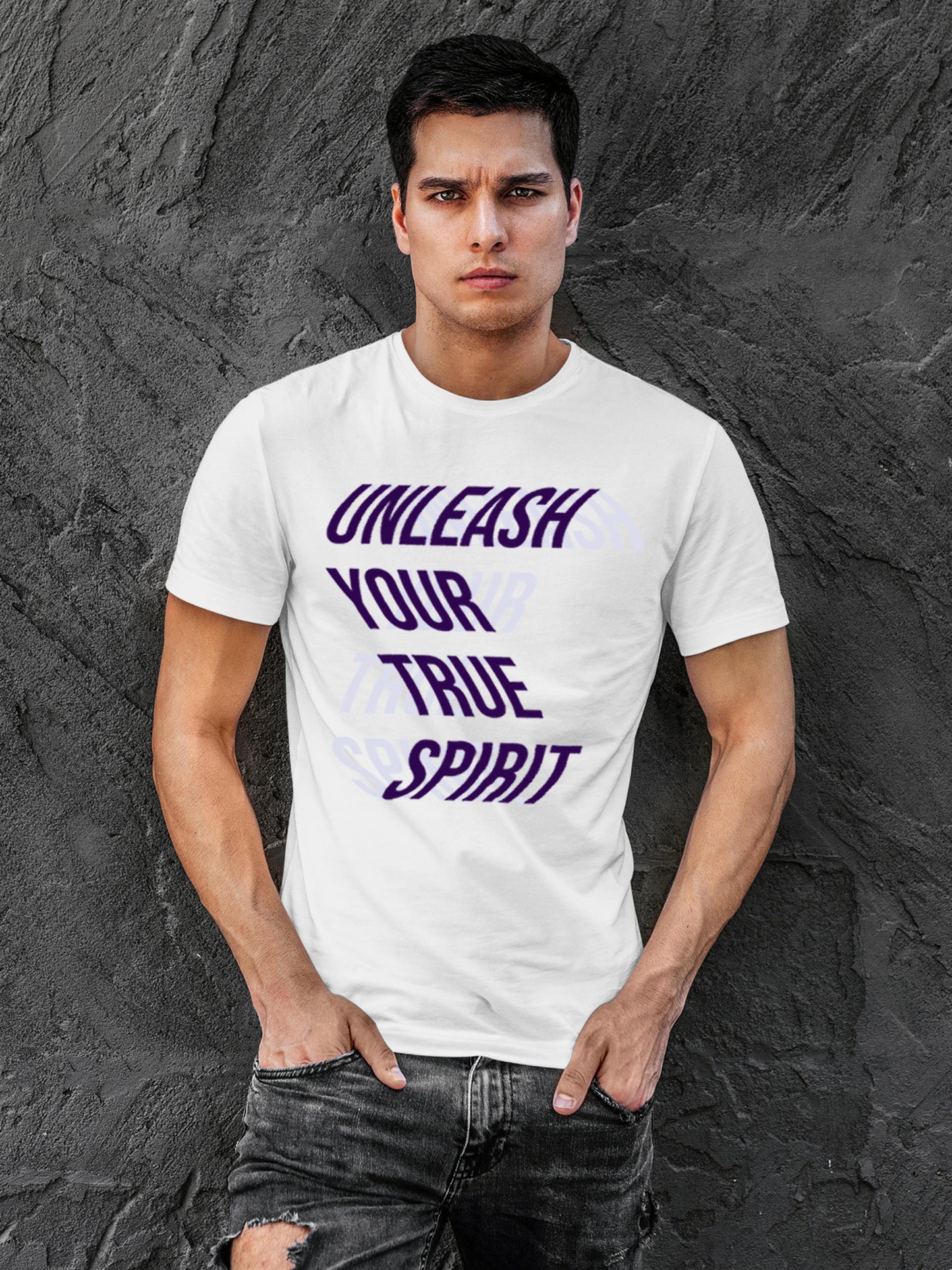 Model wearing Men's White Round Neck T-shirt with 'Unleash Your True Spirit' design, offering effortless style and premium comfort