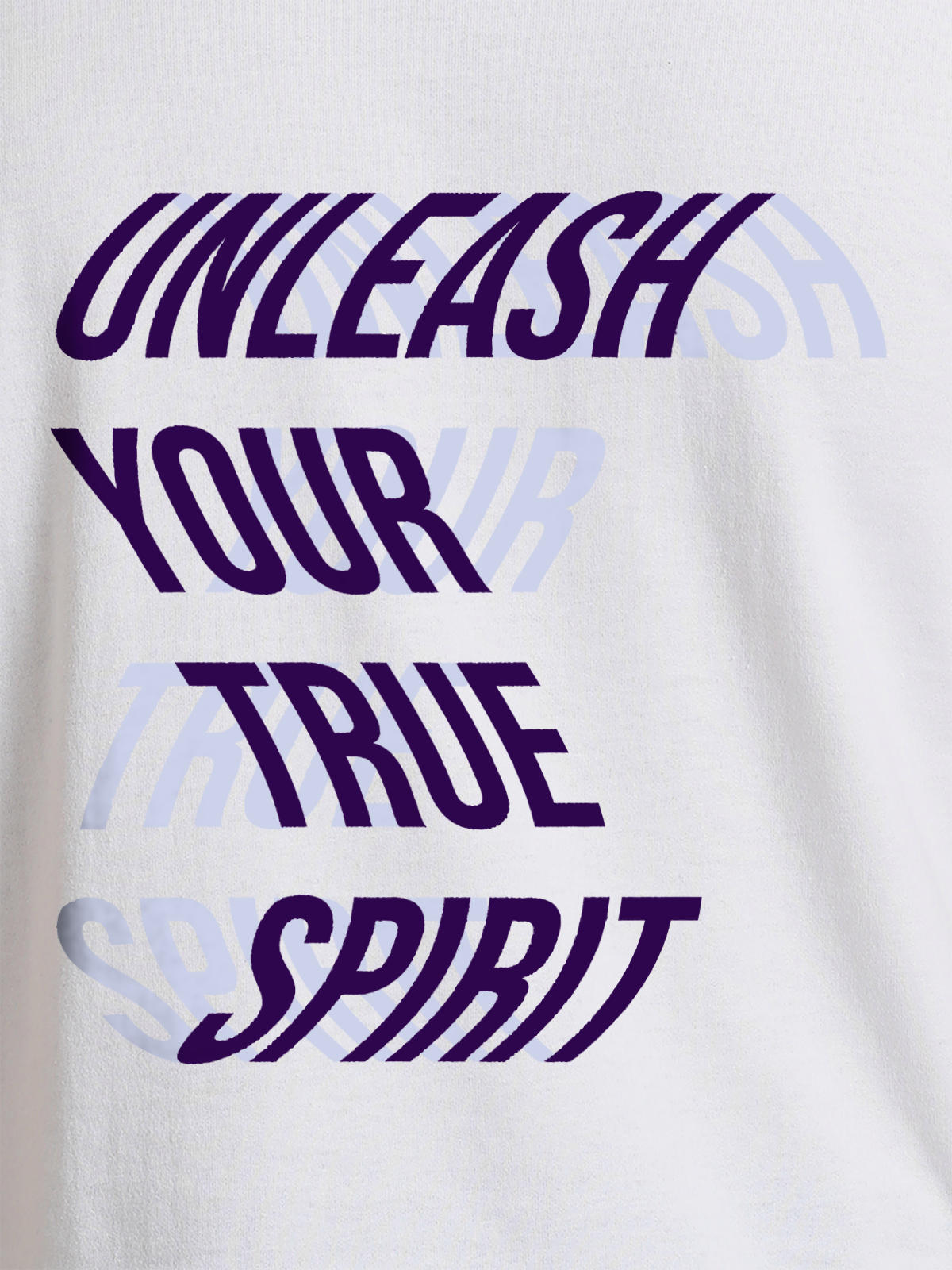 Close up of 'Unleash Your True Spirit' design on Men's White Round Neck T-shirt, highlighting intricate details and vibrant print.