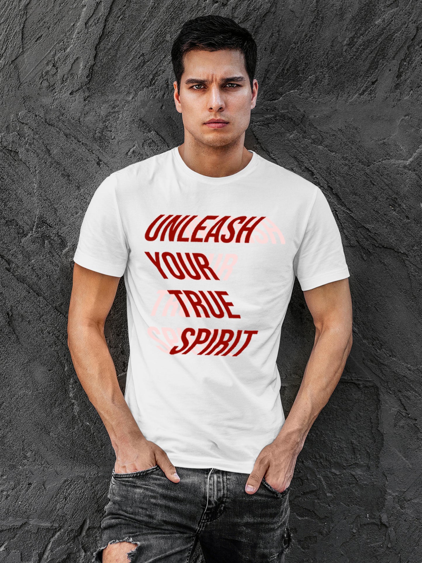 Model wearing Men's White Round Neck T-shirt with 'Unleash Your True Spirit' design, offering effortless style and premium comfort