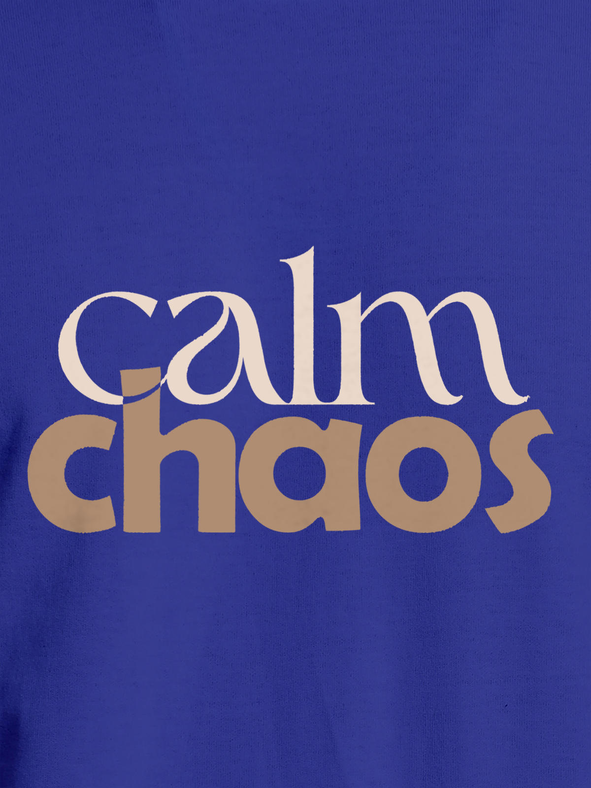 Close up of 'Calm Chaos' design on Men's Blue Round Neck T-shirt, highlighting intricate details and vibrant print.