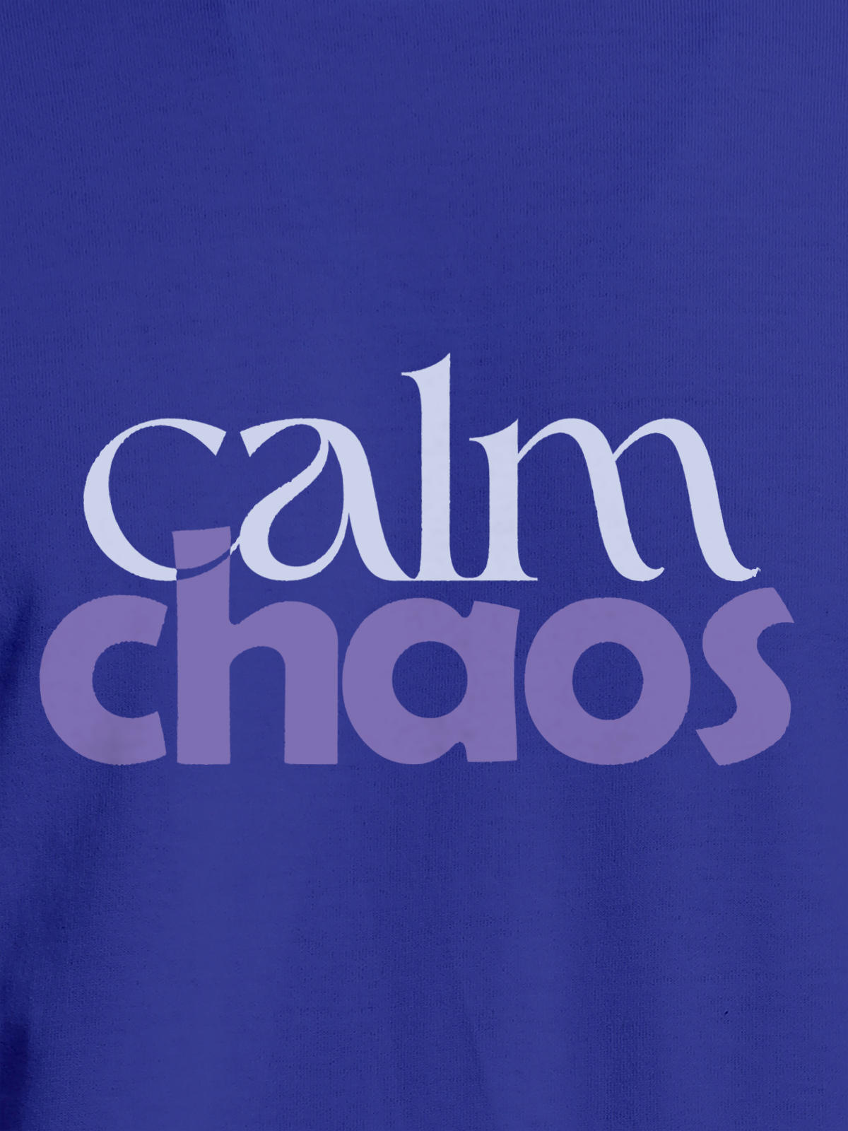 Close up of 'Calm Chaos' design on Men's Blue Round Neck T-shirt, highlighting intricate details and vibrant print.