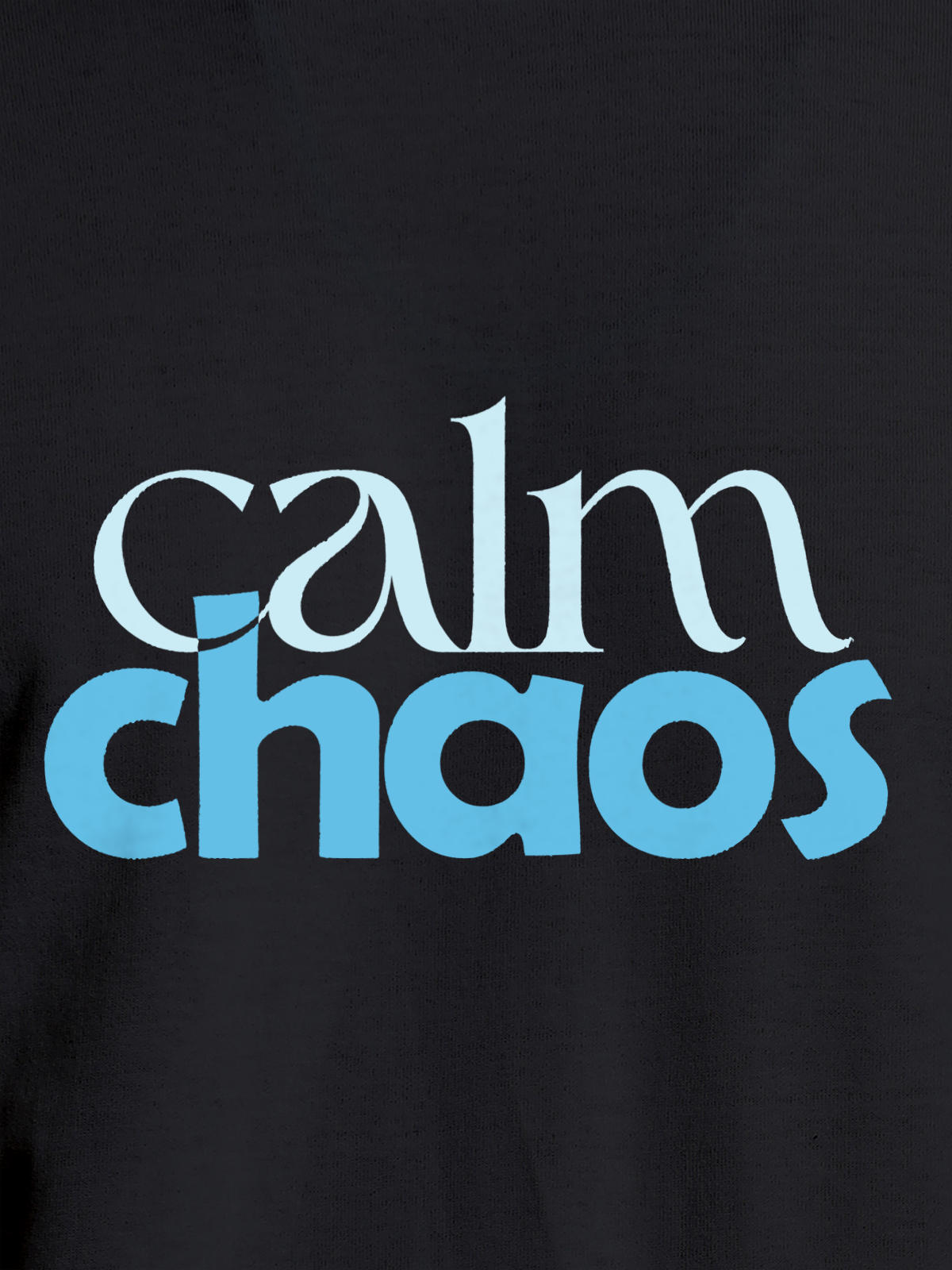 Close up of 'Calm Chaos' design on Men's Dark Grey Round Neck T-shirt, highlighting intricate details and vibrant print.