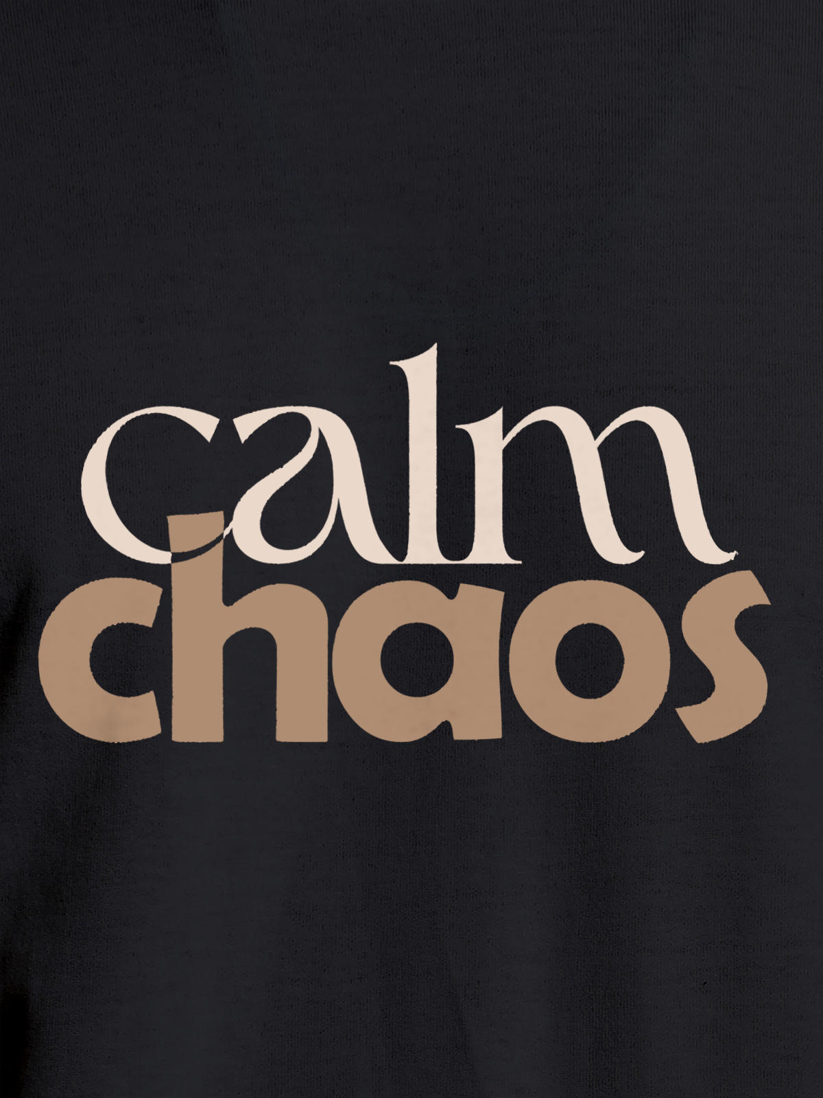 Close up of 'Calm Chaos' design on Men's Dark Grey Round Neck T-shirt, highlighting intricate details and vibrant print.