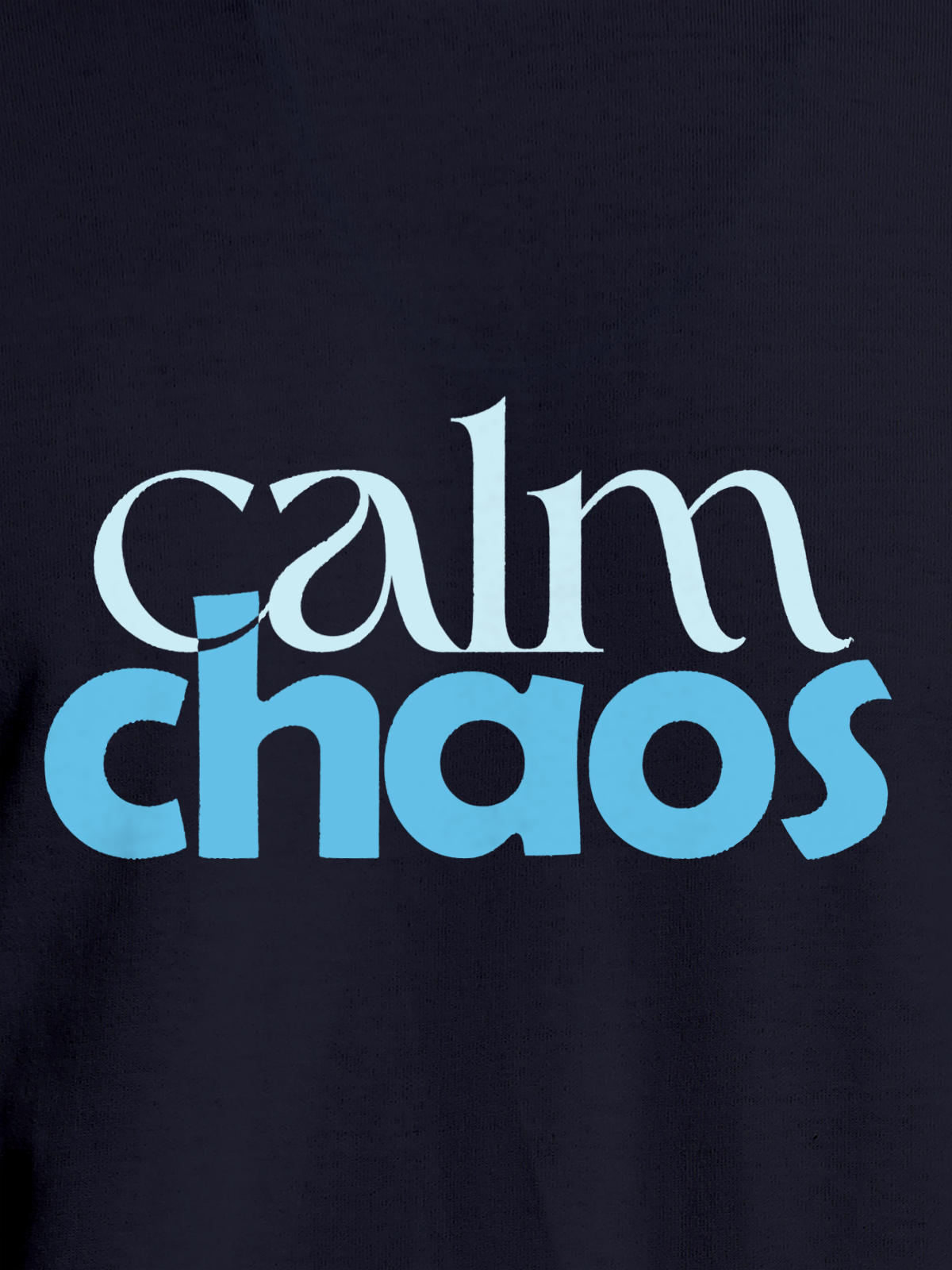 Close up of 'Calm Chaos' design on Men's Navy Blue Round Neck T-shirt, highlighting intricate details and vibrant print.