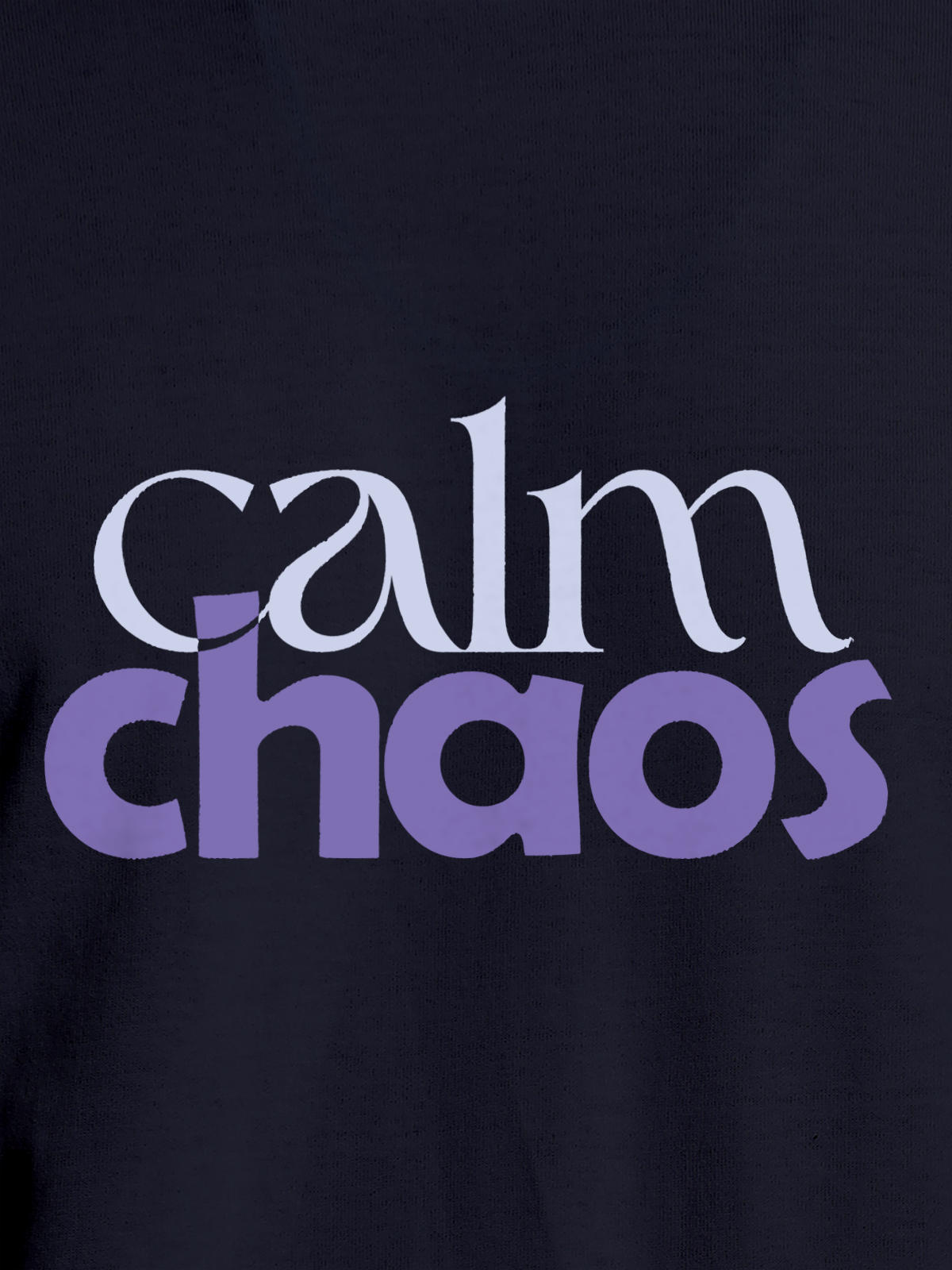 Close up of 'Calm Chaos' design on Men's Navy Blue Round Neck T-shirt, highlighting intricate details and vibrant print.