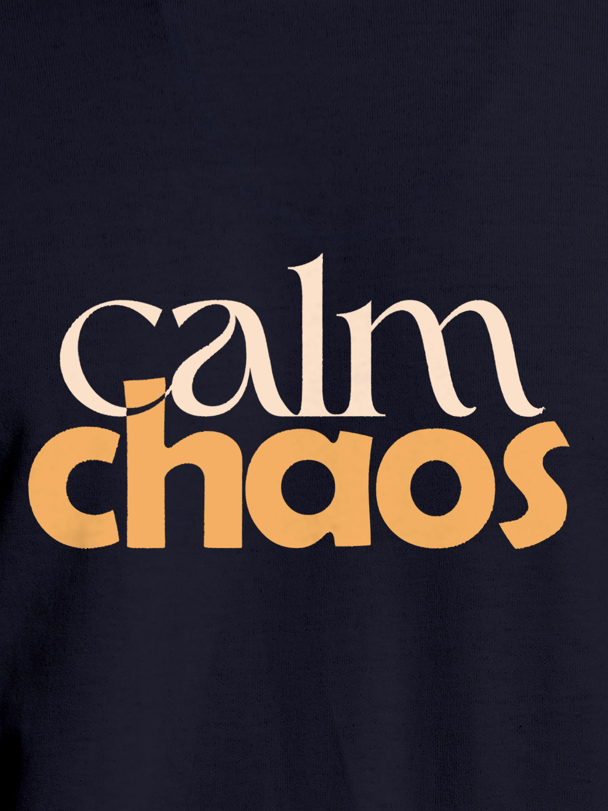 Close up of 'Calm Chaos' design on Men's Navy Blue Round Neck T-shirt, highlighting intricate details and vibrant print.