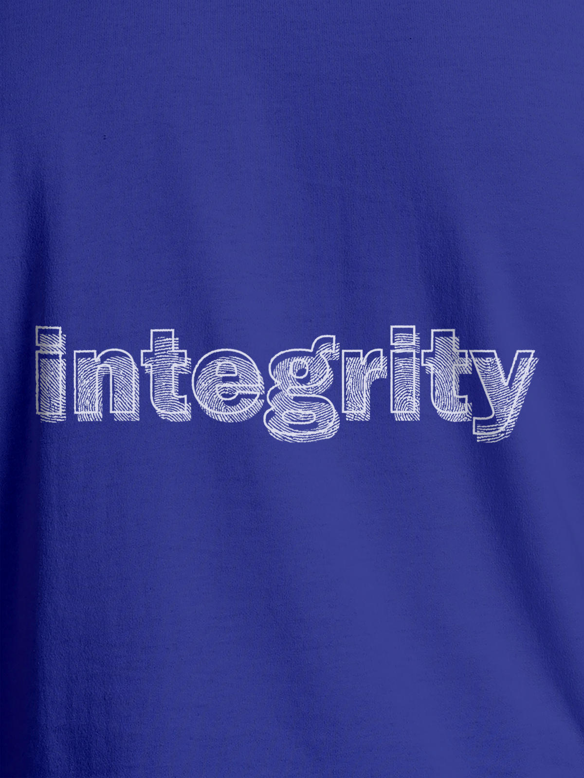 Close up of 'Integrity' design on Men's Blue Round Neck T-shirt, highlighting intricate details and vibrant print.