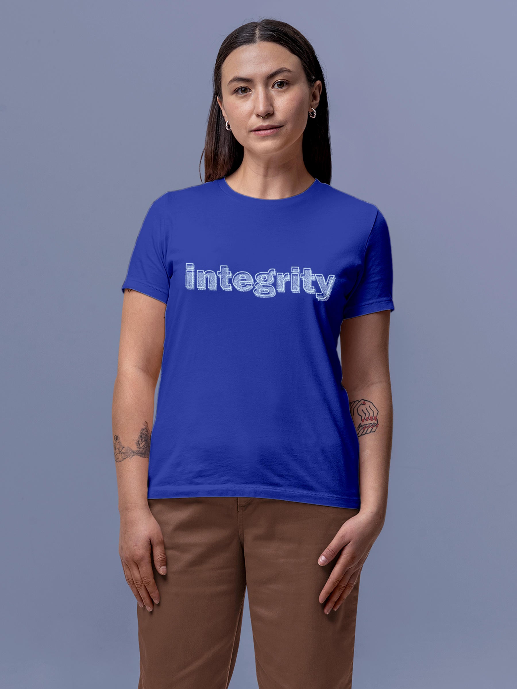 Model wearing Women's Blue Round Neck T-shirt with 'Integrity' design, offering effortless style and premium comfort