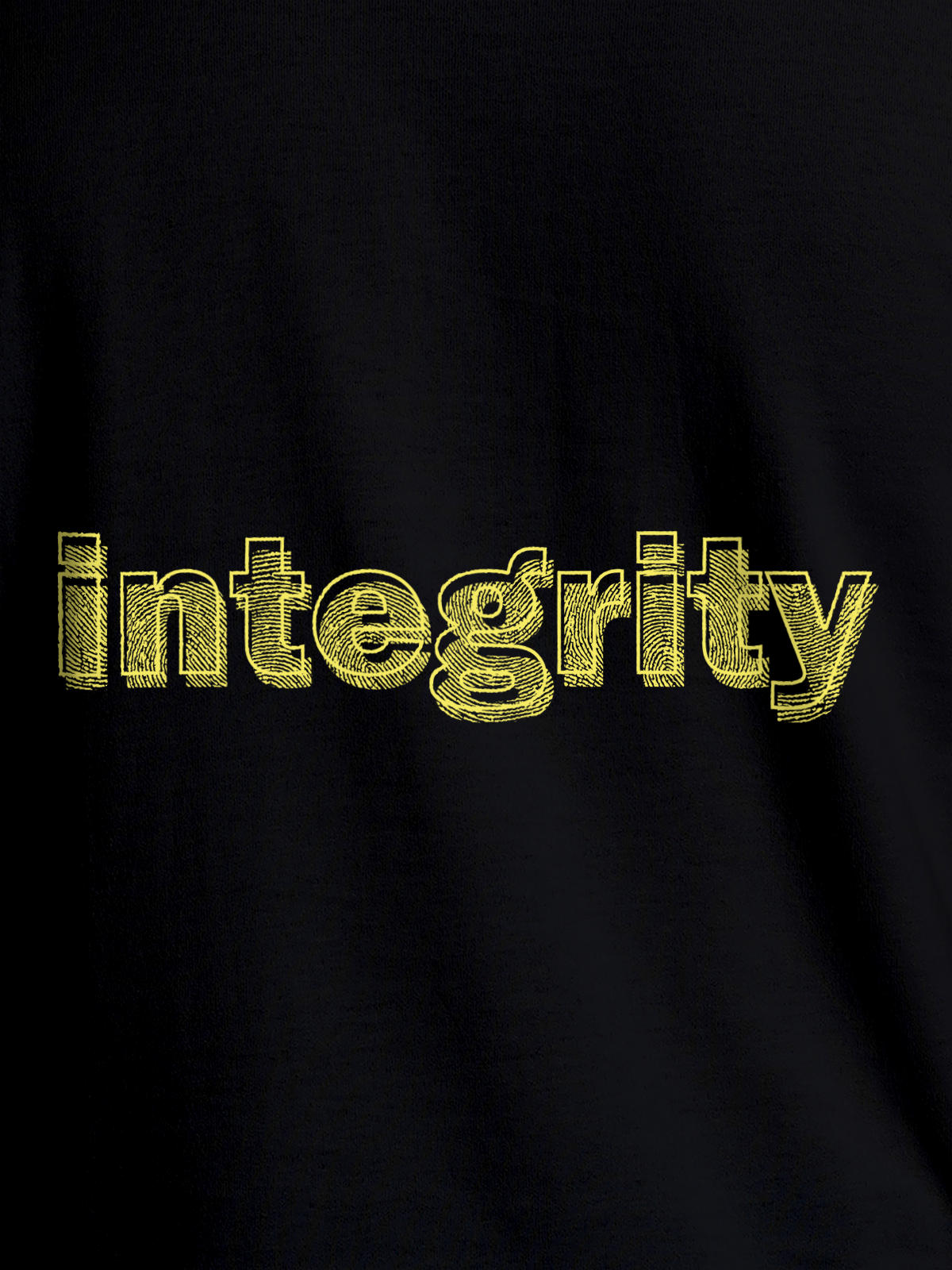 Close up of 'Integrity' design on Men's Black Round Neck T-shirt, highlighting intricate details and vibrant print.