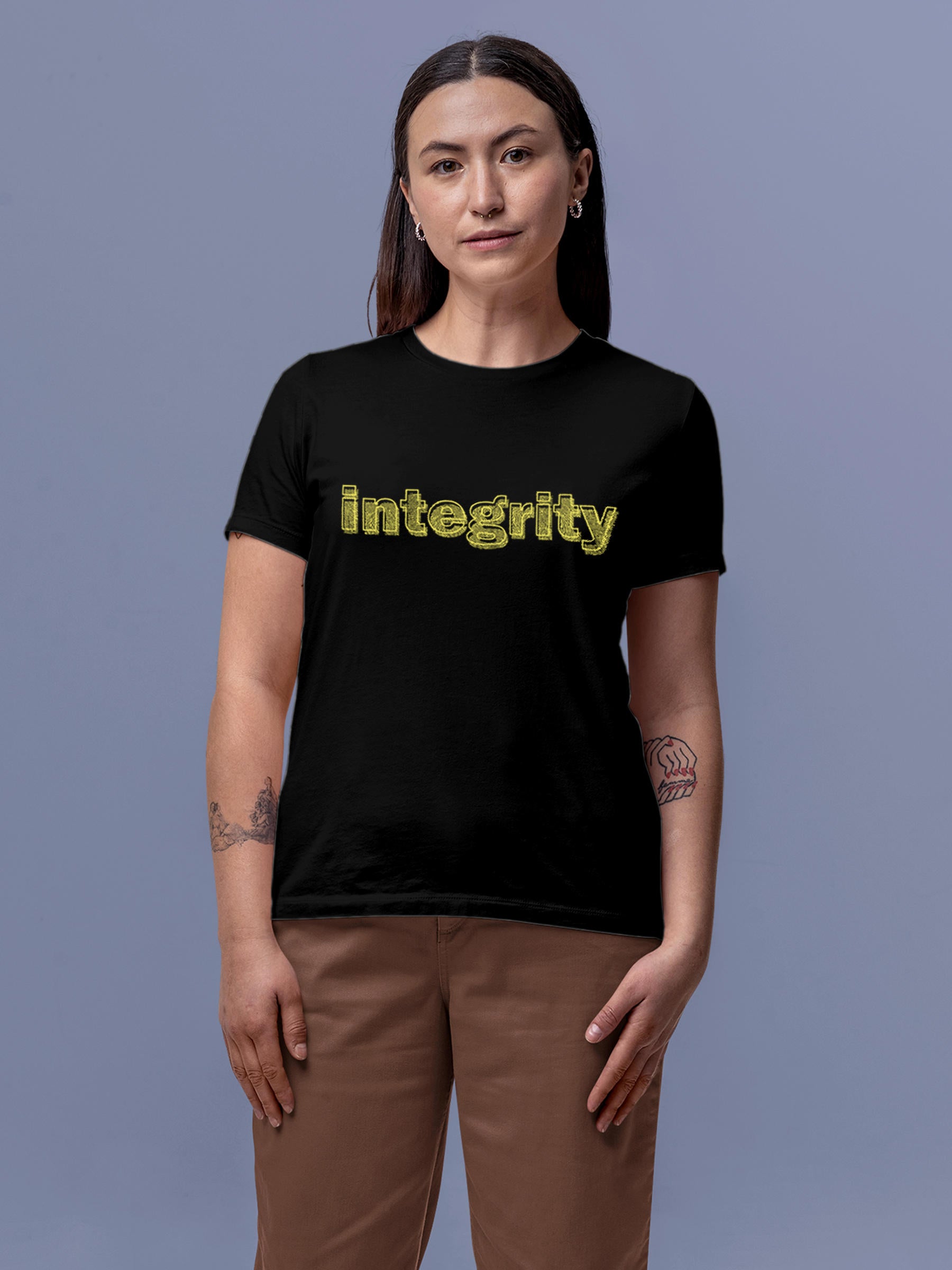 Model wearing Women's Black Round Neck T-shirt with 'Integrity' design, offering effortless style and premium comfort