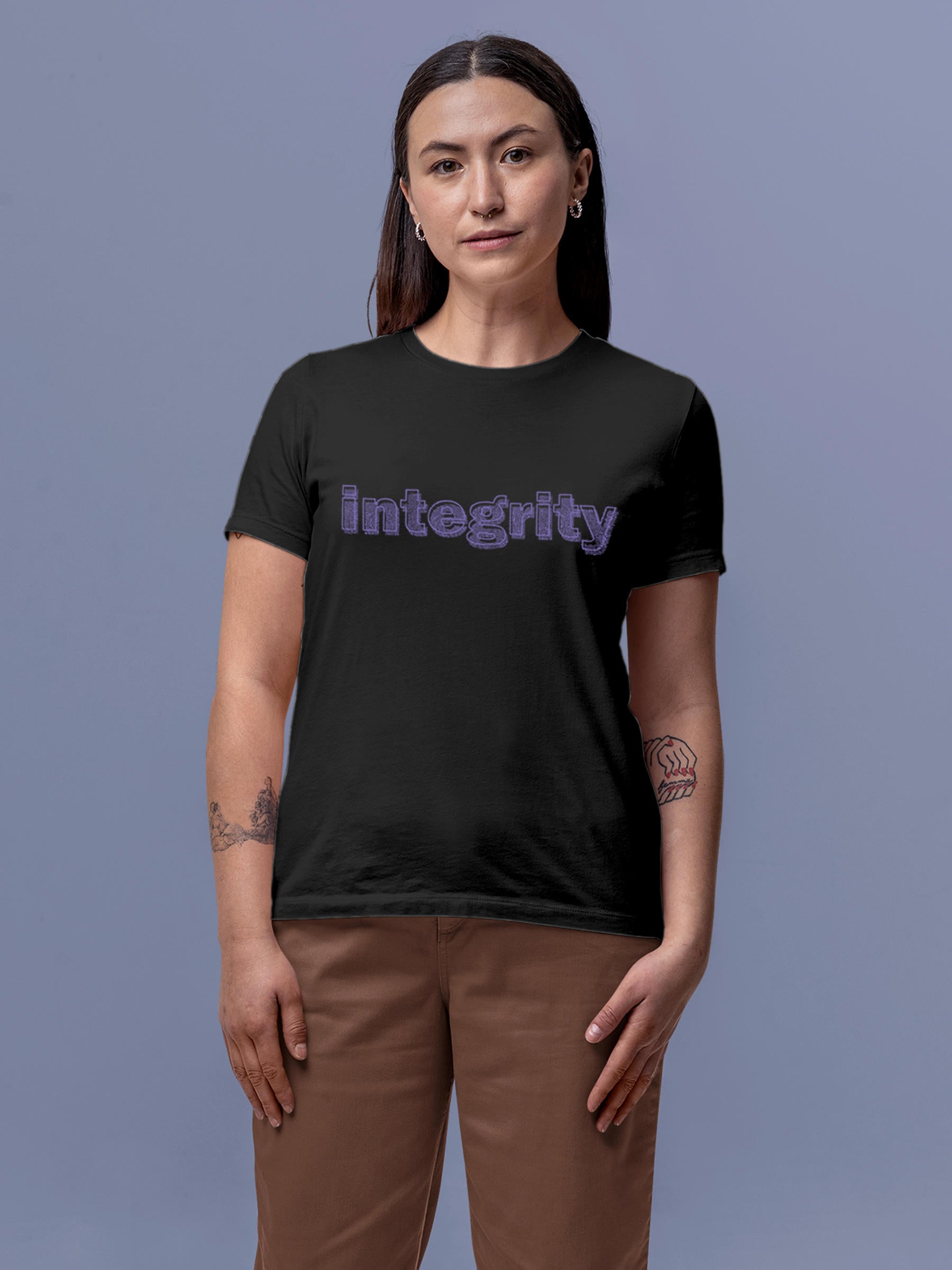 Model wearing Women's Dark Grey Round Neck T-shirt with 'Integrity' design, offering effortless style and premium comfort