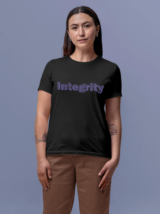 Model wearing Women's Dark Grey Round Neck T-shirt with 'Integrity' design, offering effortless style and premium comfort