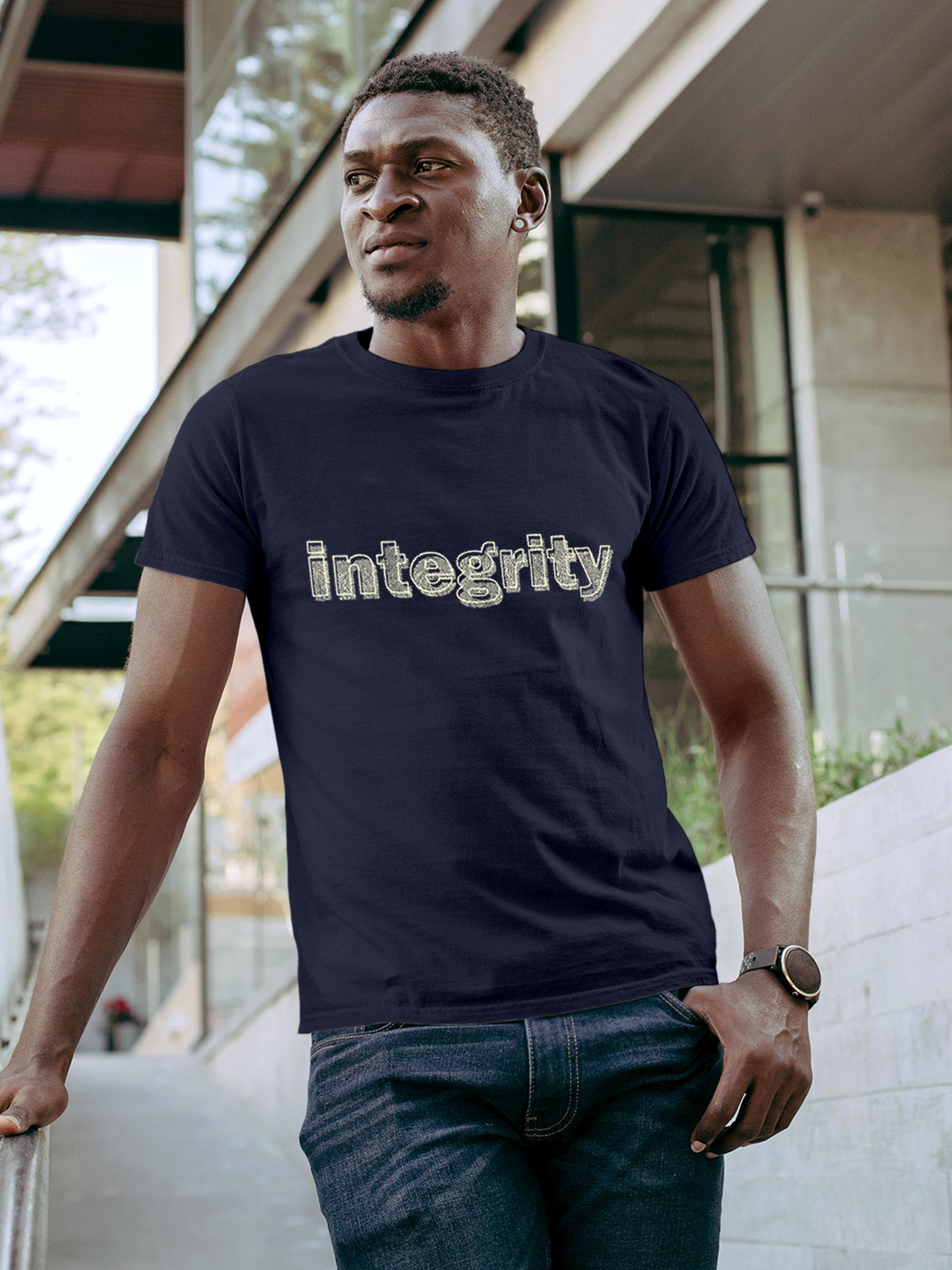Model wearing Men's Navy Blue Round Neck T-shirt with 'Integrity' design, offering effortless style and premium comfort