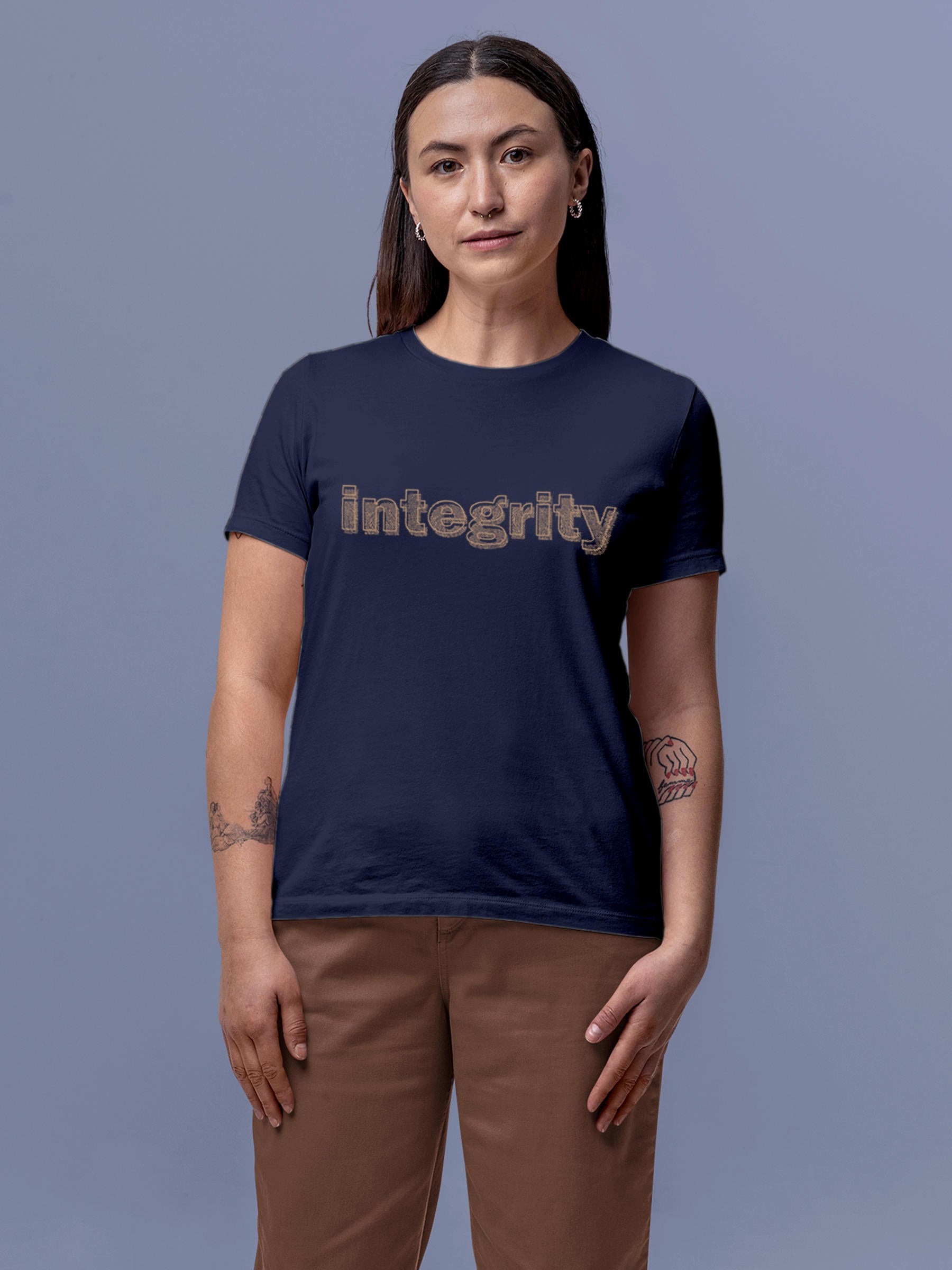 Model wearing Women's Navy Blue Round Neck T-shirt with 'Integrity' design, offering effortless style and premium comfort