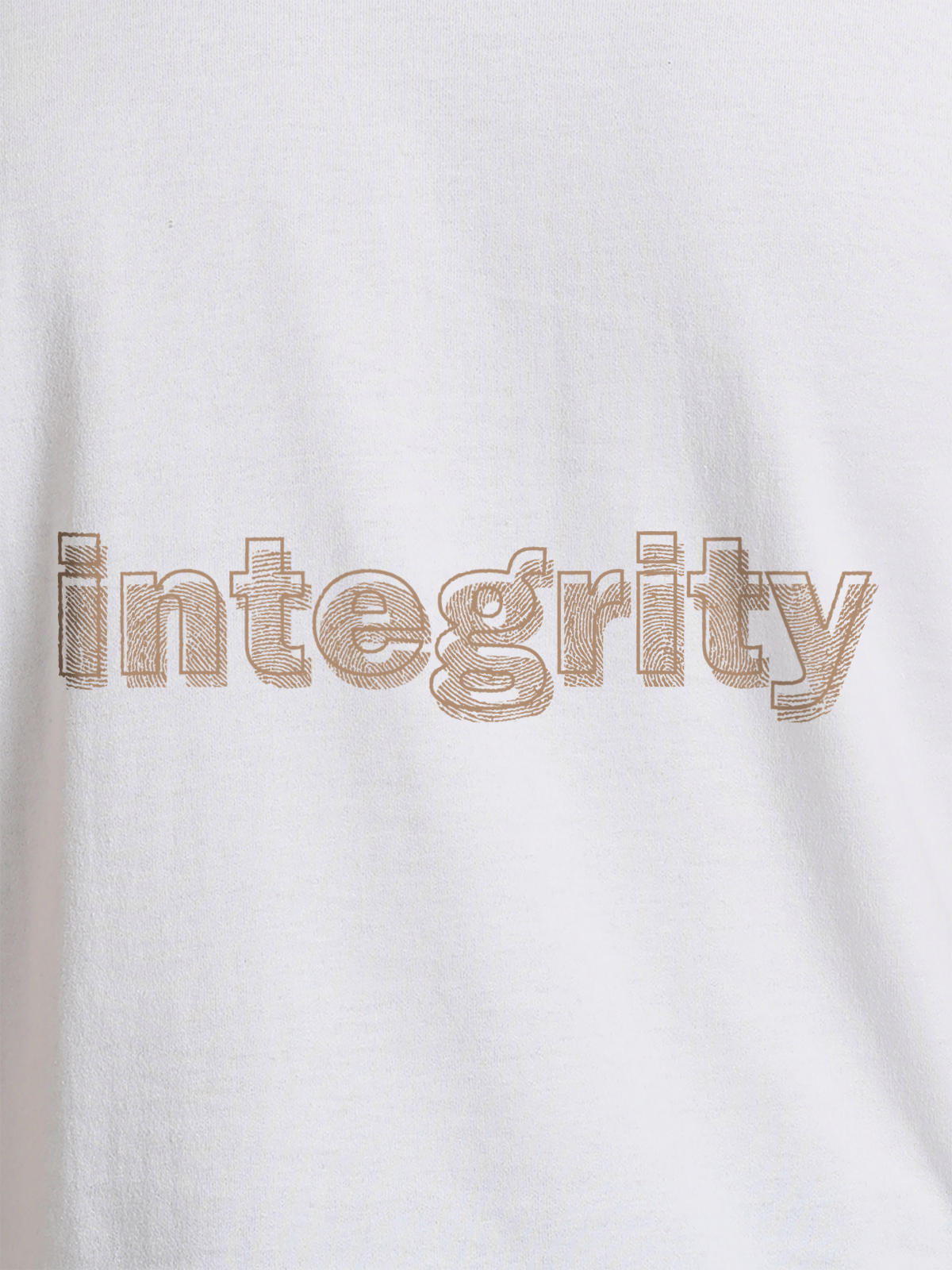 Close up of 'Integrity' design on Men's White Round Neck T-shirt, highlighting intricate details and vibrant print.