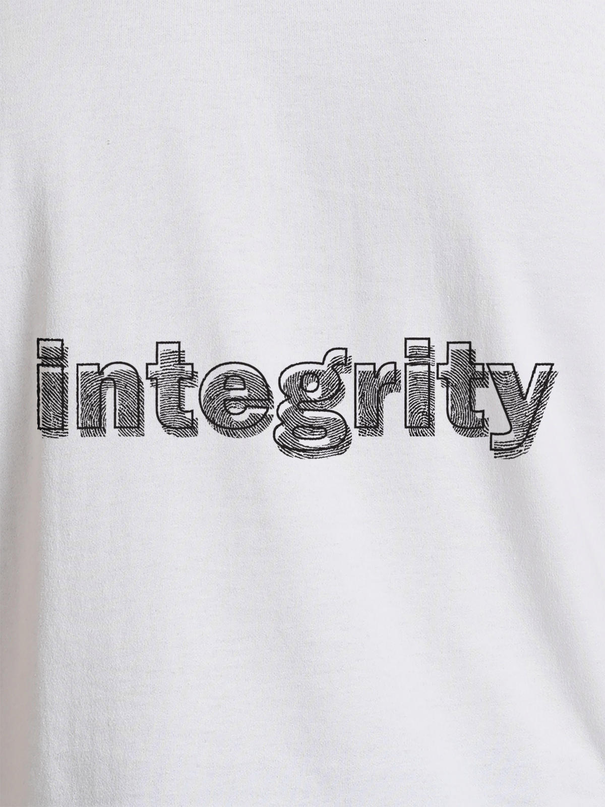 Close up of 'Integrity' design on Men's White Round Neck T-shirt, highlighting intricate details and vibrant print.