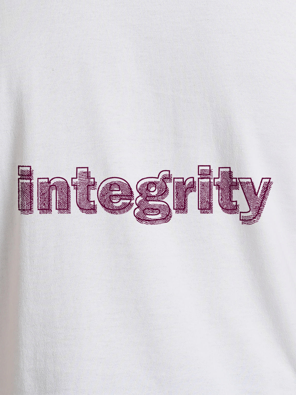 Close up of 'Integrity' design on Men's White Round Neck T-shirt, highlighting intricate details and vibrant print.