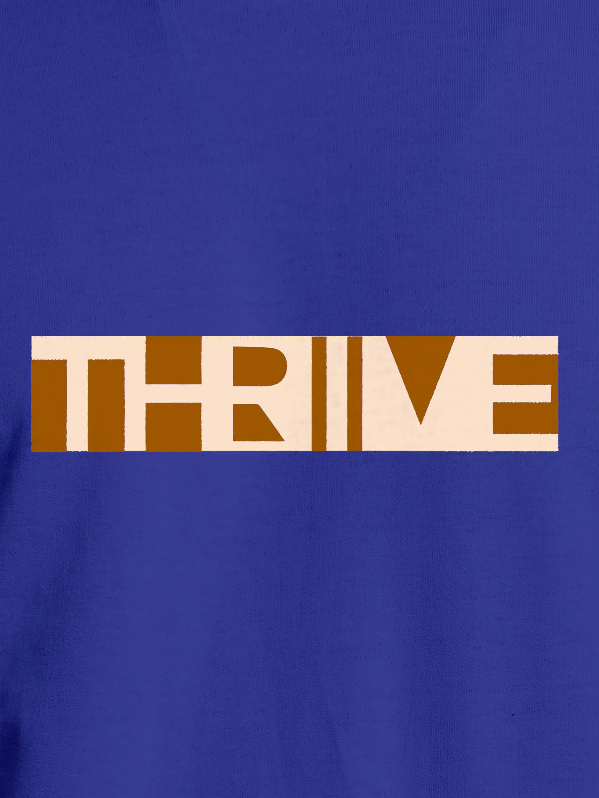 Close up of 'Thrive' design on Men's Blue Round Neck T-shirt, highlighting intricate details and vibrant print.