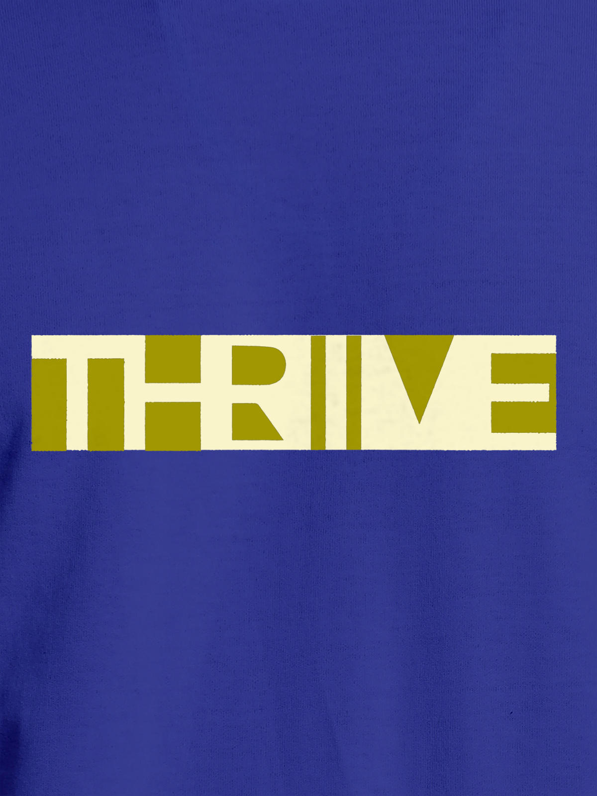 Close up of 'Thrive' design on Men's Blue Round Neck T-shirt, highlighting intricate details and vibrant print.
