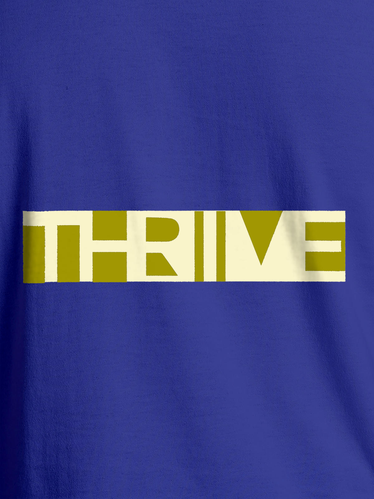 Close up of 'Thrive' design on Women's Blue Round Neck T-shirt, highlighting intricate details and vibrant print.