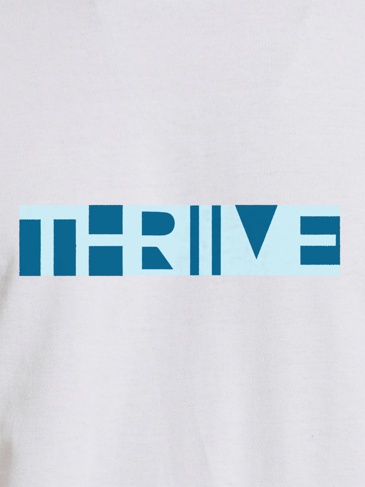 Close up of 'Thrive' design on Men's White Round Neck T-shirt, highlighting intricate details and vibrant print.