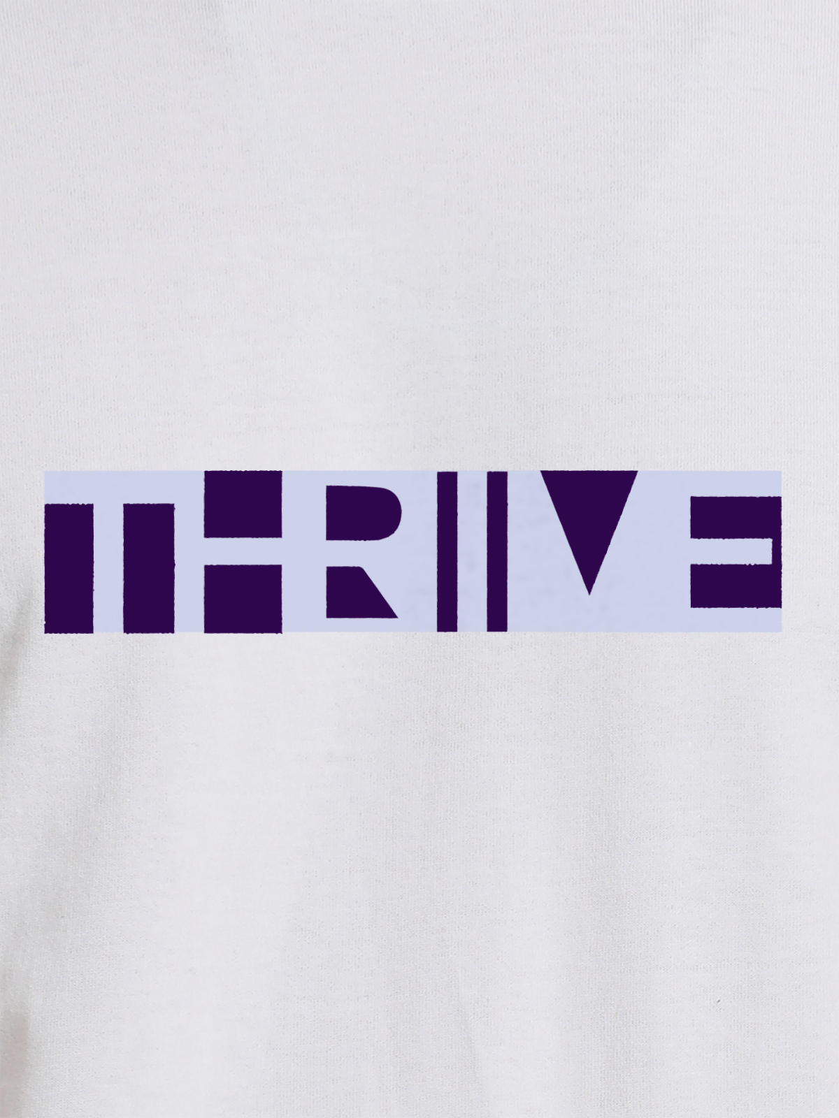 Close up of 'Thrive' design on Men's White Round Neck T-shirt, highlighting intricate details and vibrant print.