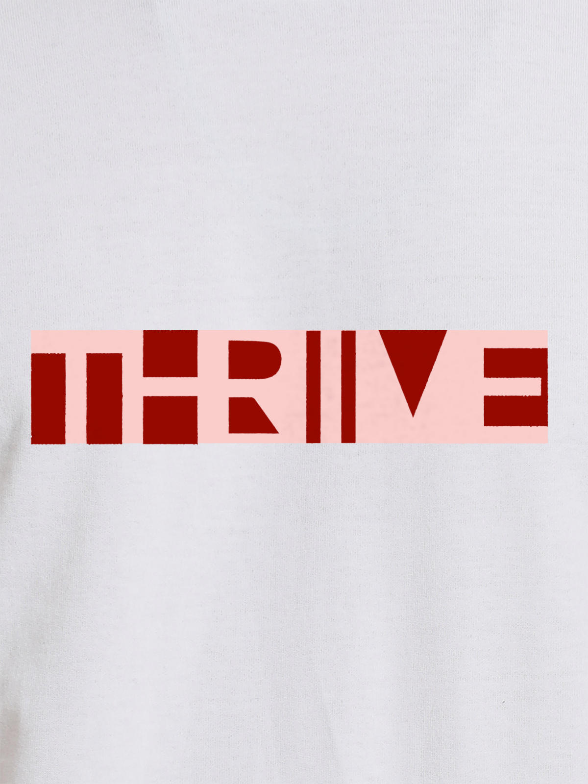 Close up of 'Thrive' design on Men's White Round Neck T-shirt, highlighting intricate details and vibrant print.