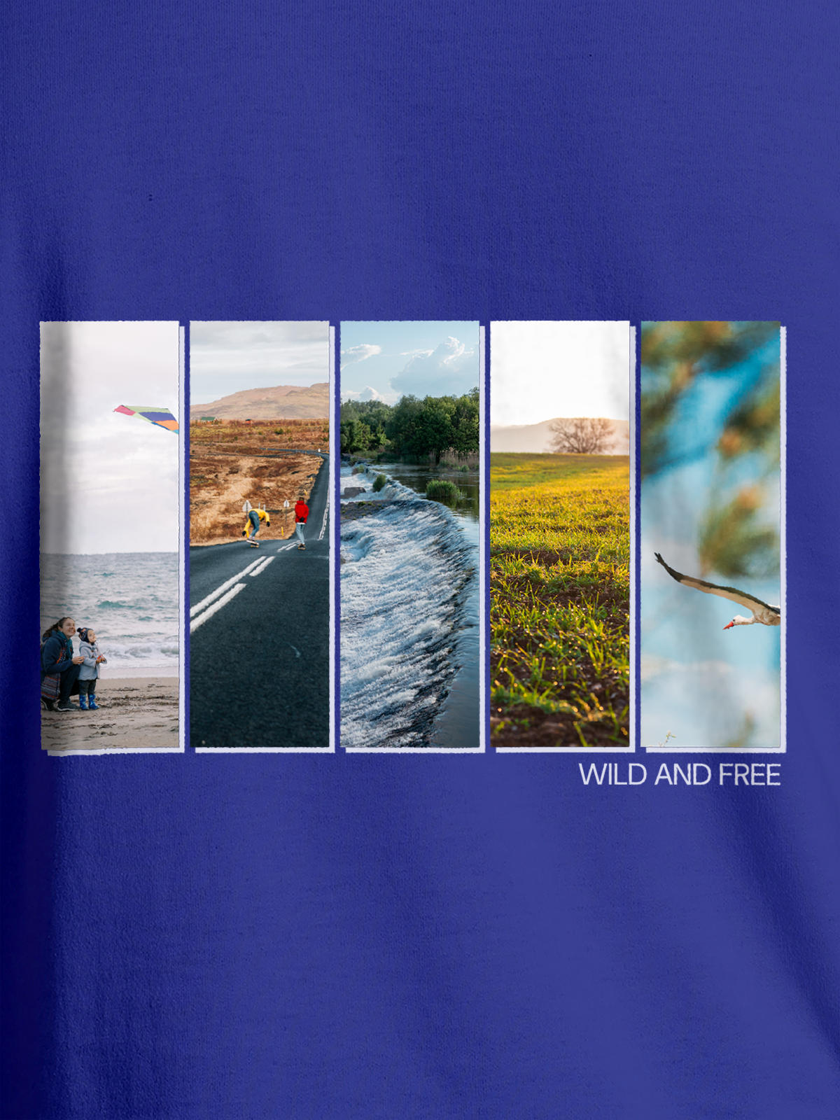 Close up of 'Wild & Free' design on Men's Blue Round Neck T-shirt, highlighting intricate details and vibrant print.