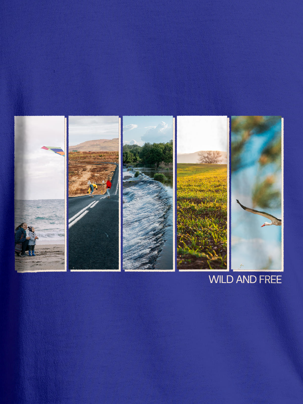 Close up of 'Wild & Free' design on Men's Blue Round Neck T-shirt, highlighting intricate details and vibrant print.