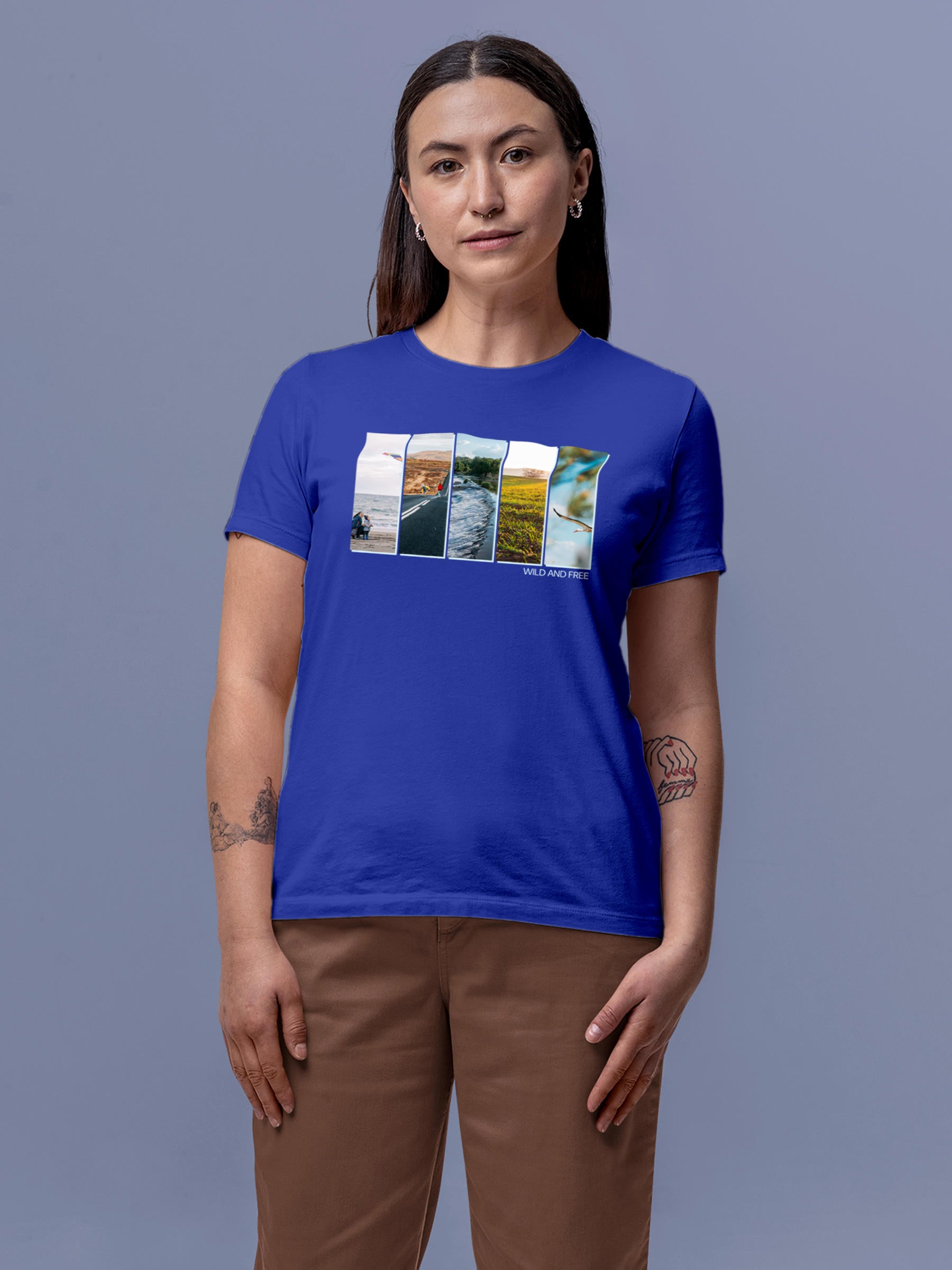 Model wearing Women's Blue Round Neck T-shirt with 'Wild & Free' design, offering effortless style and premium comfort
