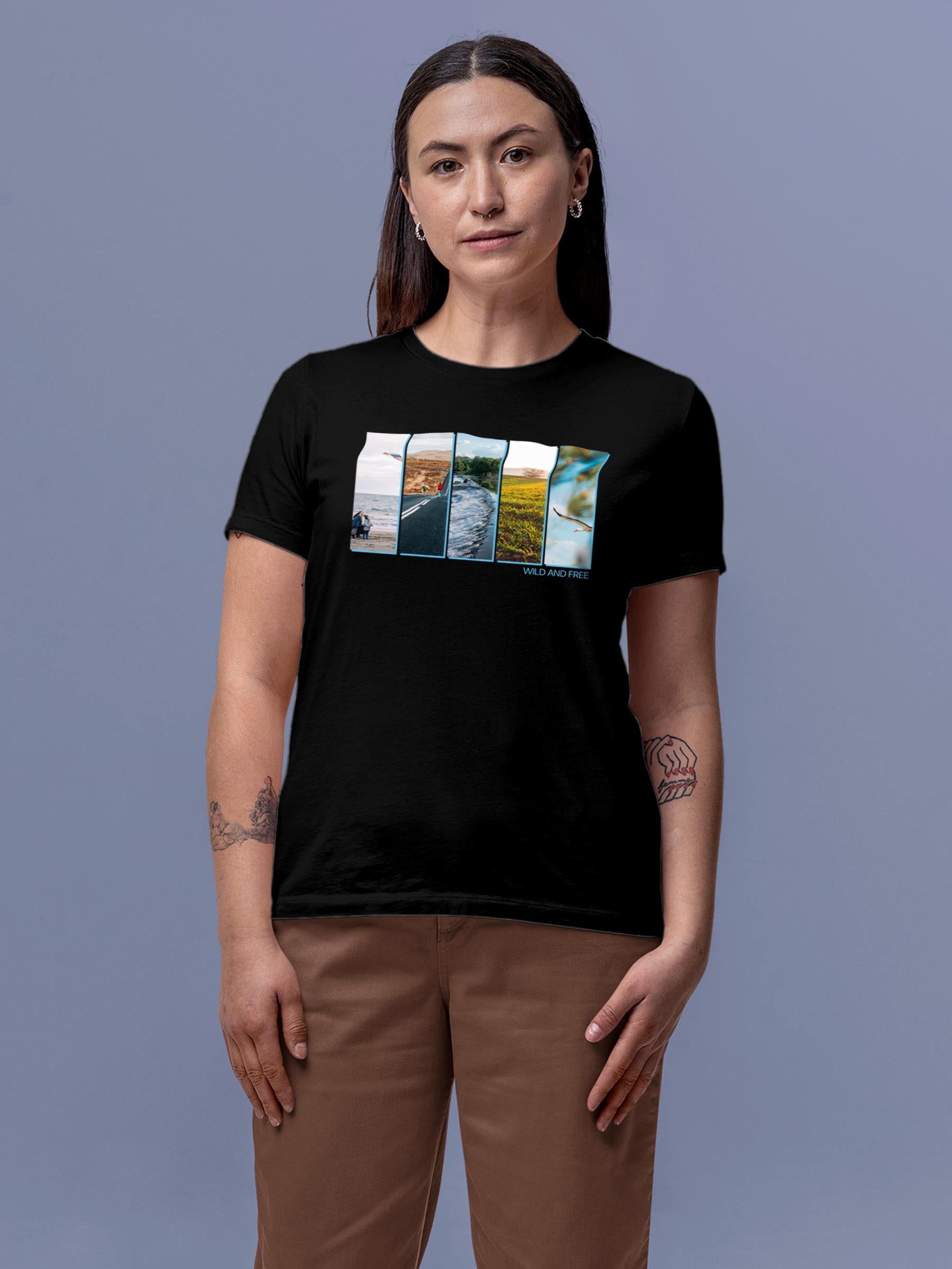 Model wearing Women's Black Round Neck T-shirt with 'Wild & Free' design, offering effortless style and premium comfort