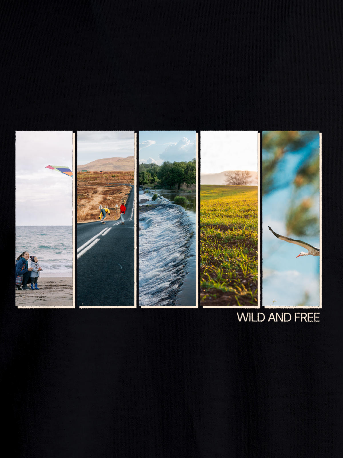 Close up of 'Wild & Free' design on Women's Black Round Neck T-shirt, highlighting intricate details and vibrant print.
