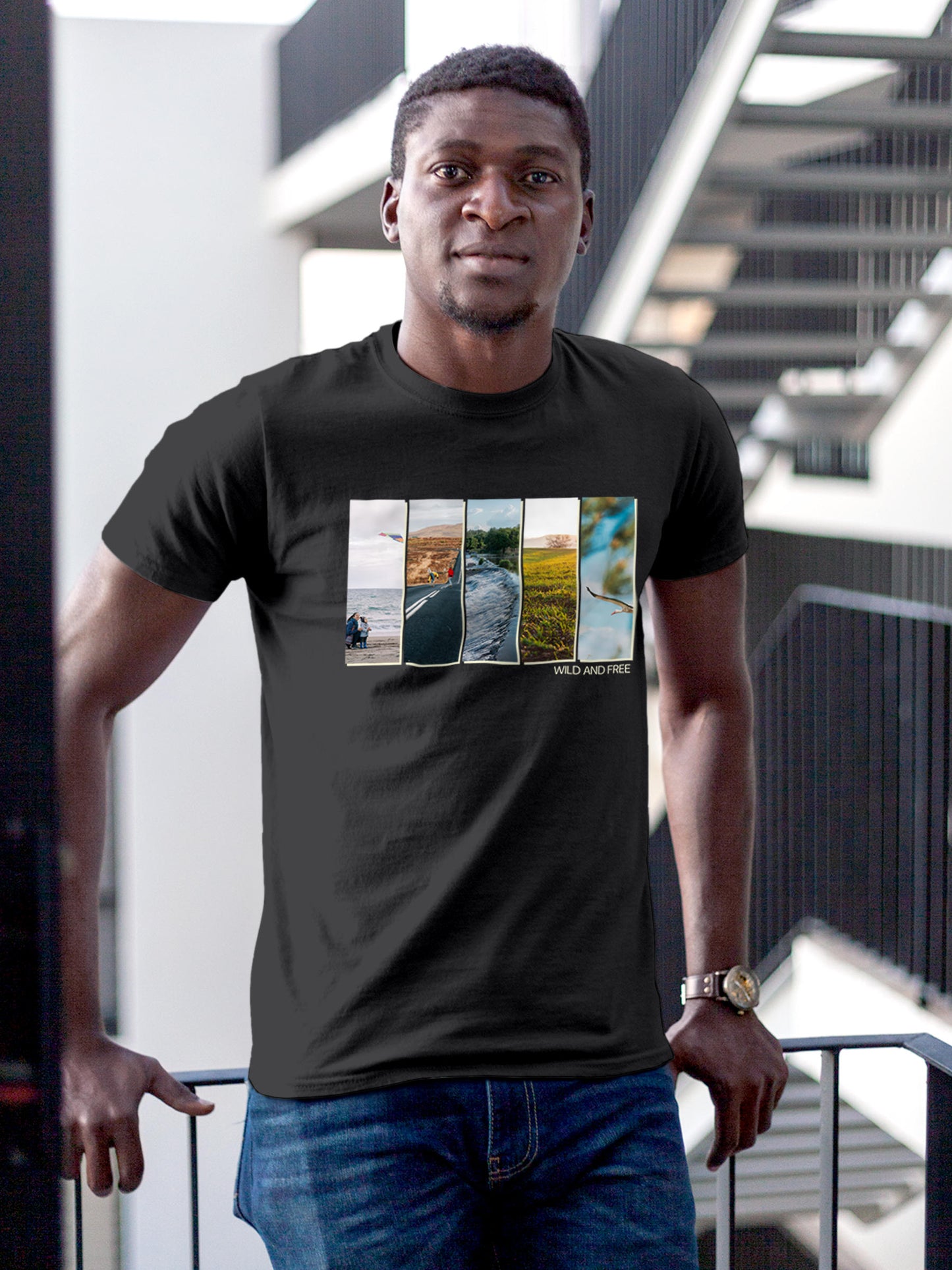 Model wearing Men's Dark Grey Round Neck T-shirt with 'Wild & Free' design, offering effortless style and premium comfort