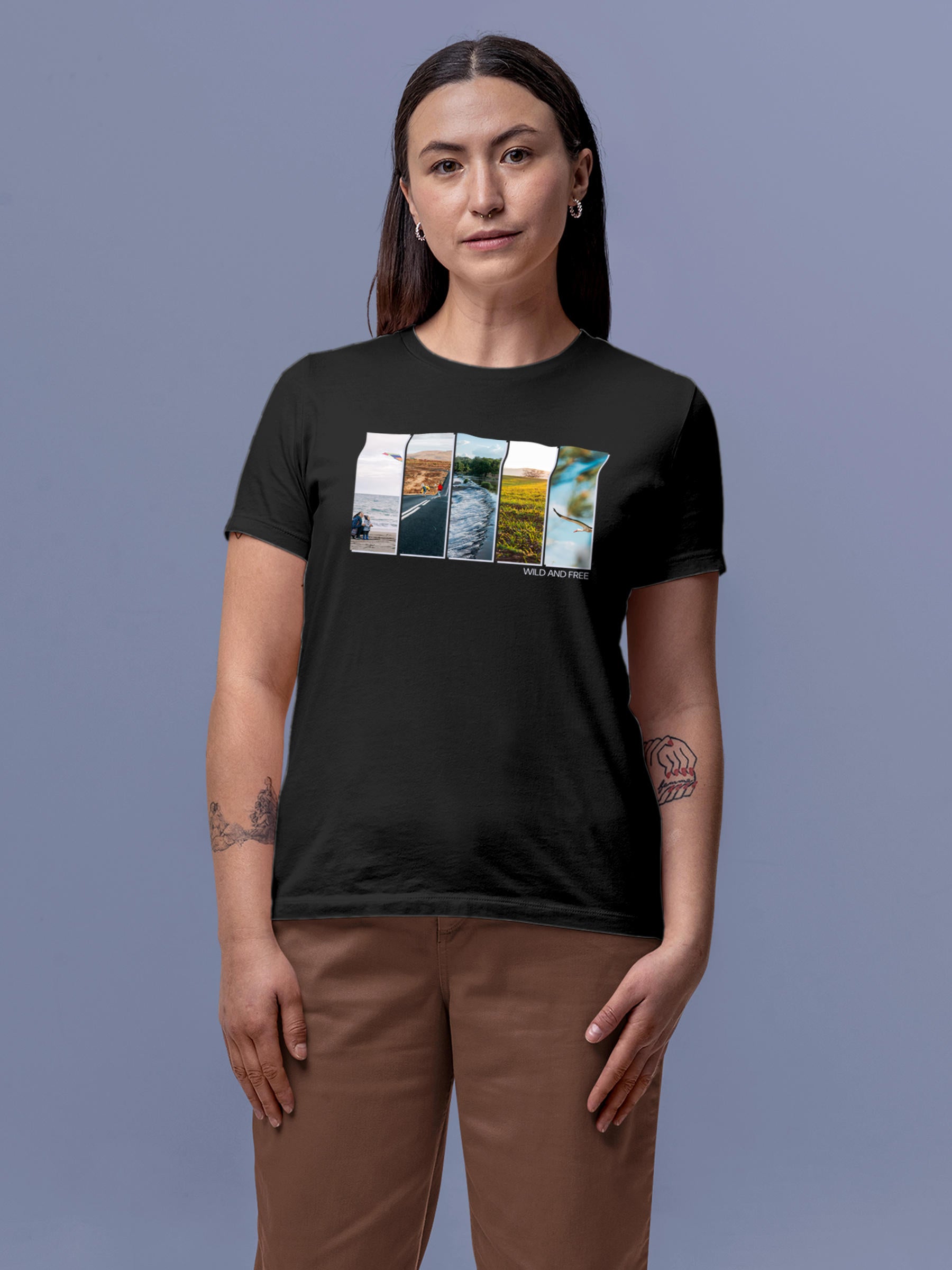 Model wearing Women's Dark Grey Round Neck T-shirt with 'Wild & Free' design, offering effortless style and premium comfort