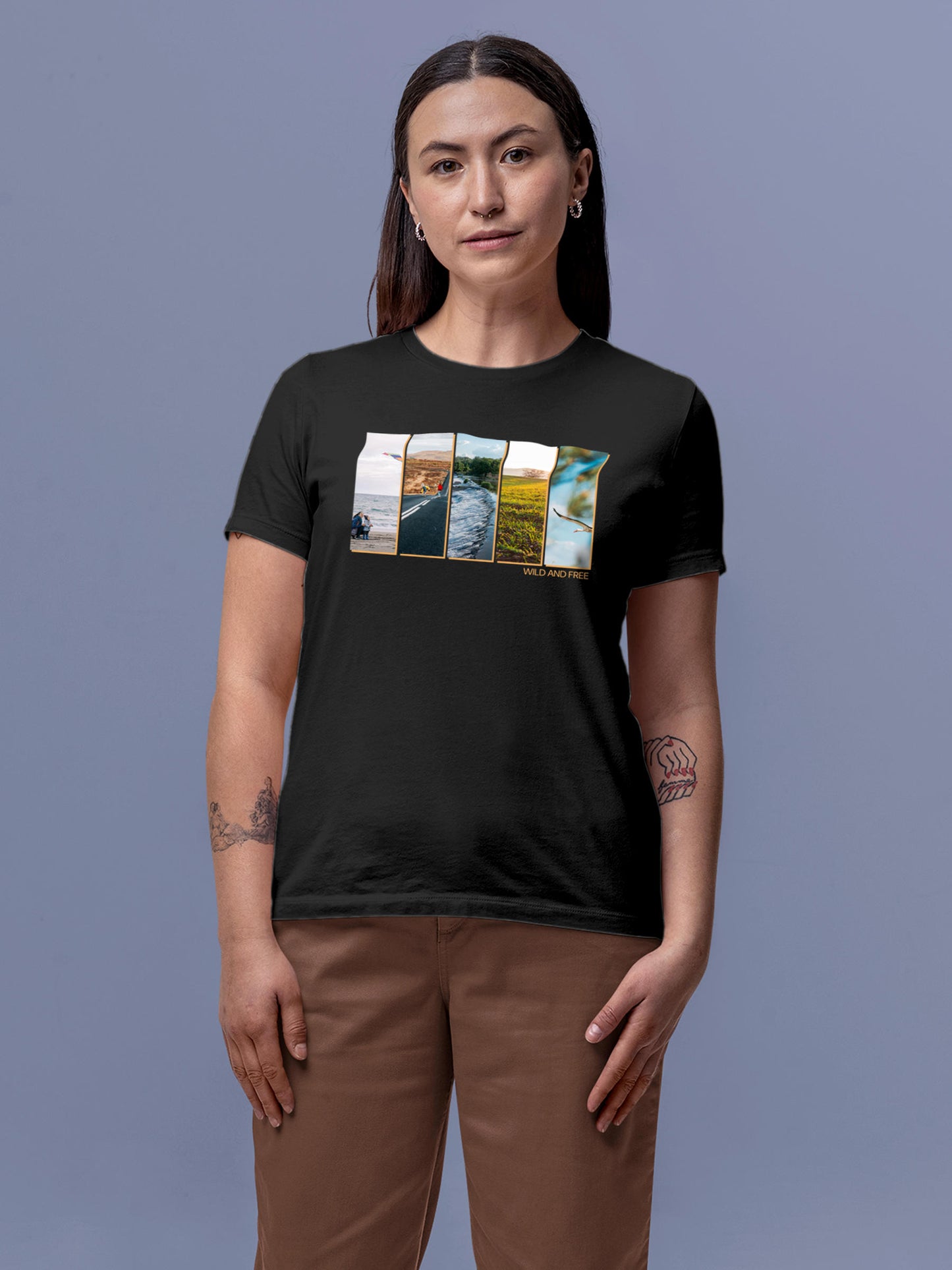 Model wearing Women's Dark Grey Round Neck T-shirt with 'Wild & Free' design, offering effortless style and premium comfort