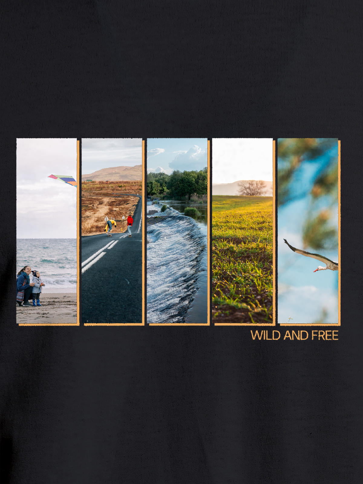 Close up of 'Wild & Free' design on Women's Dark Grey Round Neck T-shirt, highlighting intricate details and vibrant print.