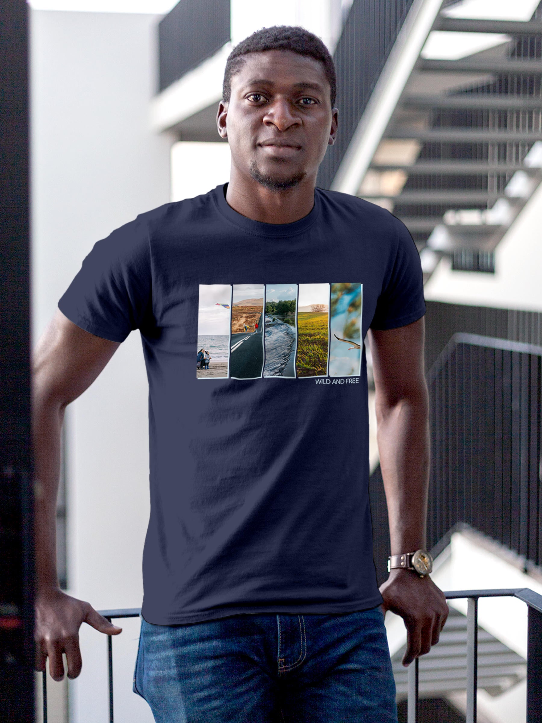 Model wearing Men's Navy Blue Round Neck T-shirt with 'Wild & Free' design, offering effortless style and premium comfort