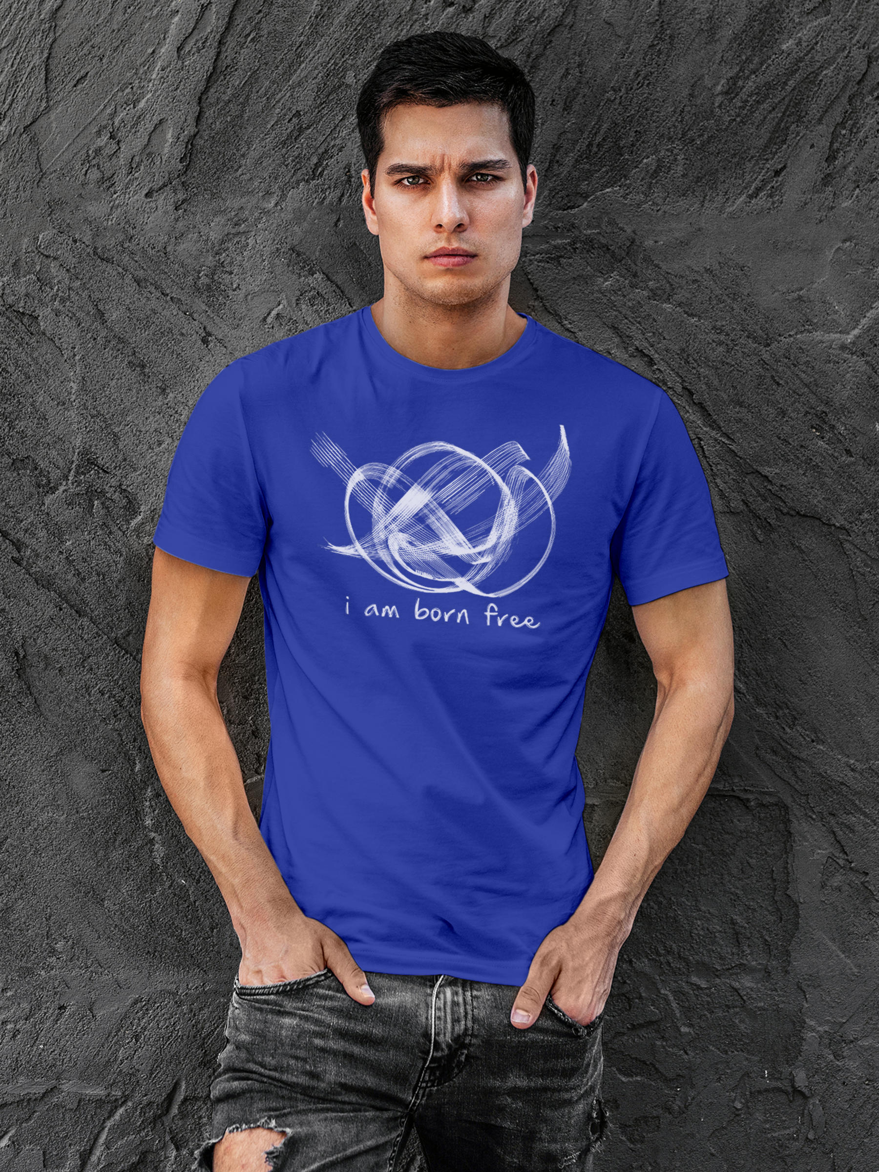Model wearing Men's Blue Round Neck T-shirt with 'Born Free' design, offering effortless style and premium comfort