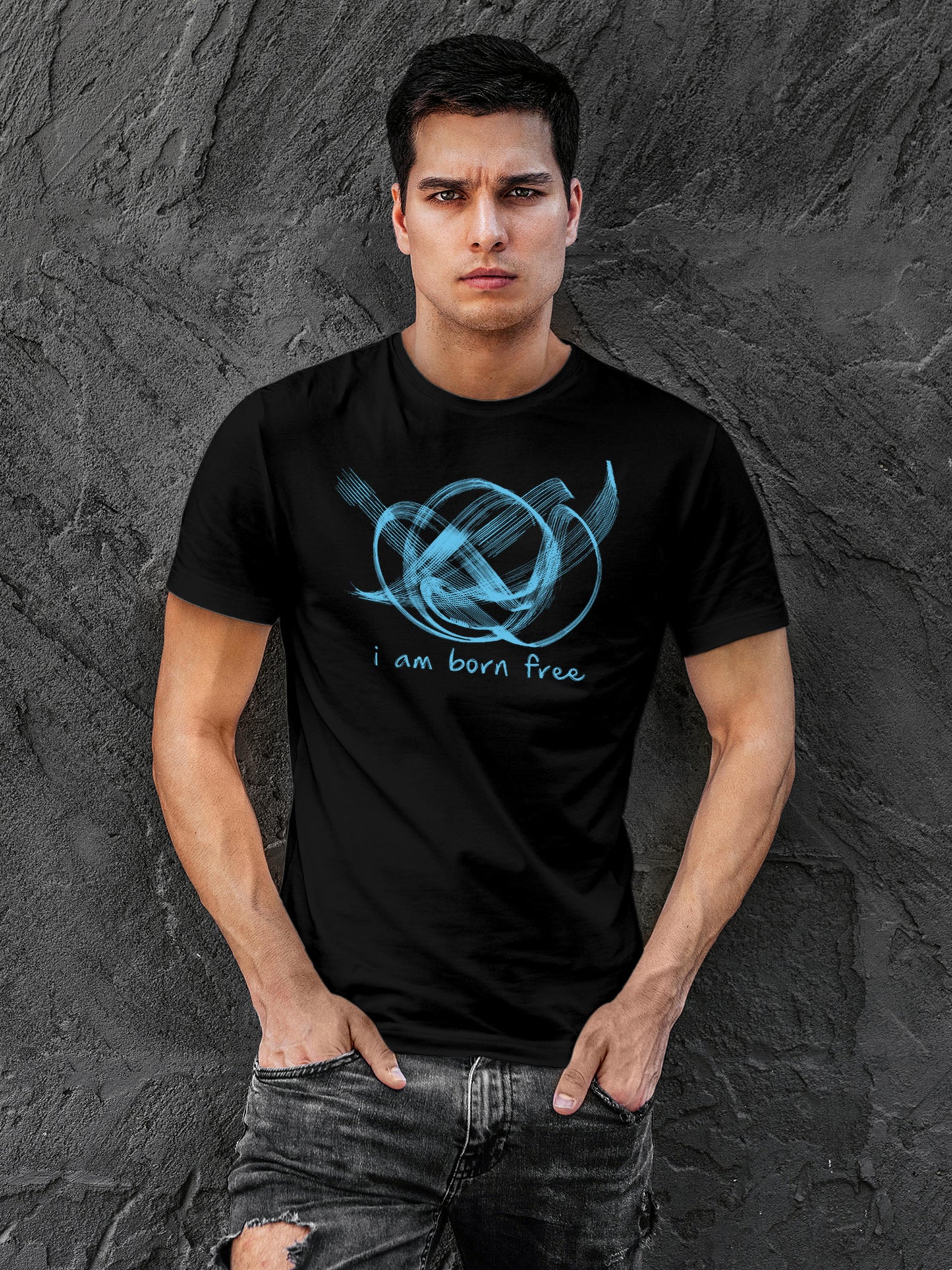 Model wearing Men's Black Round Neck T-shirt with 'Born Free' design, offering effortless style and premium comfort