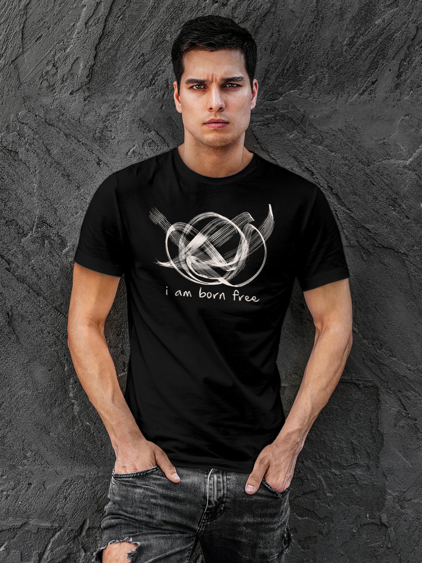 Model wearing Men's Black Round Neck T-shirt with 'Born Free' design, offering effortless style and premium comfort