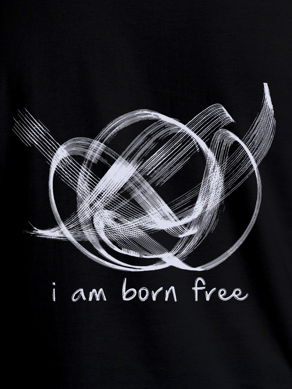 Close up of 'Born Free' design on Men's Black Round Neck T-shirt, highlighting intricate details and vibrant print.