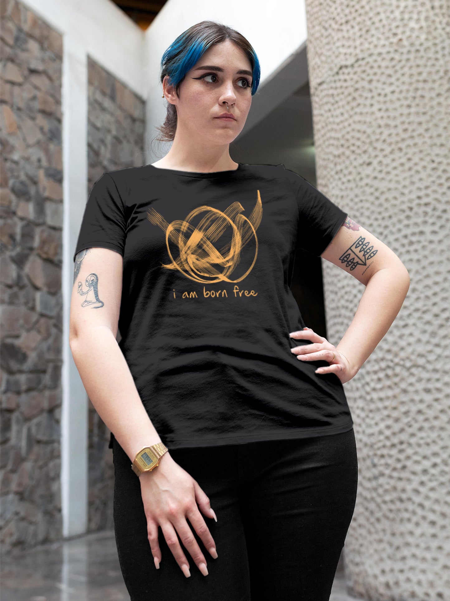Model wearing Women's Dark Grey Round Neck T-shirt with 'Born Free' design, offering effortless style and premium comfort