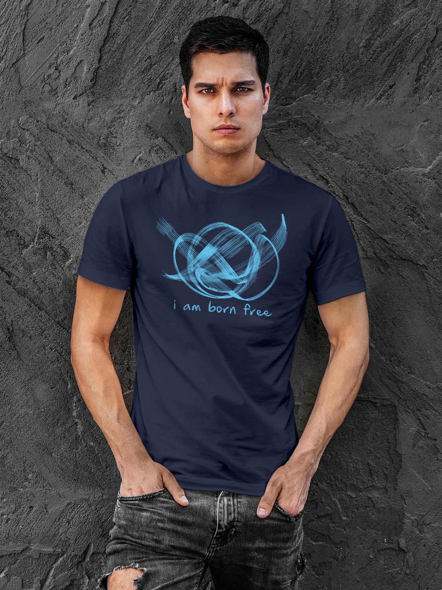 Model wearing Men's Navy Blue Round Neck T-shirt with 'Born Free' design, offering effortless style and premium comfort
