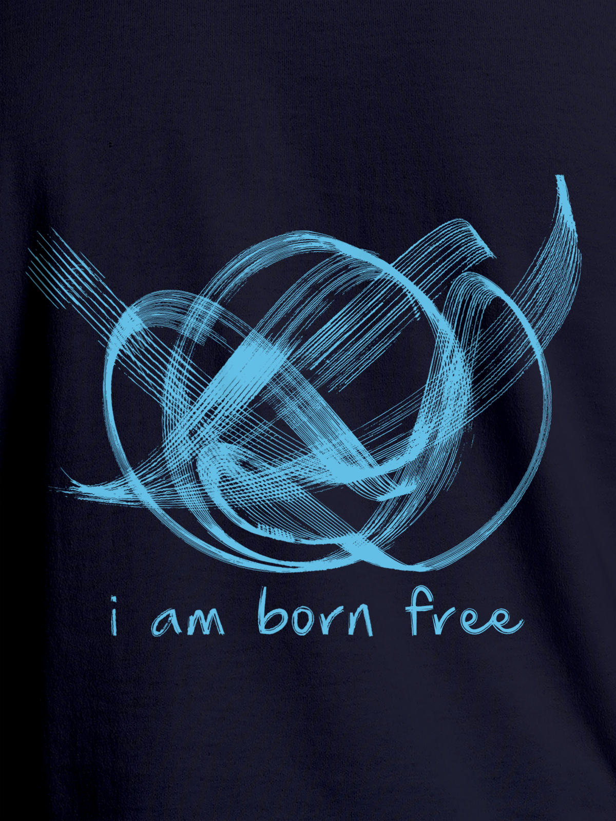 Close up of 'Born Free' design on Men's Navy Blue Round Neck T-shirt, highlighting intricate details and vibrant print.