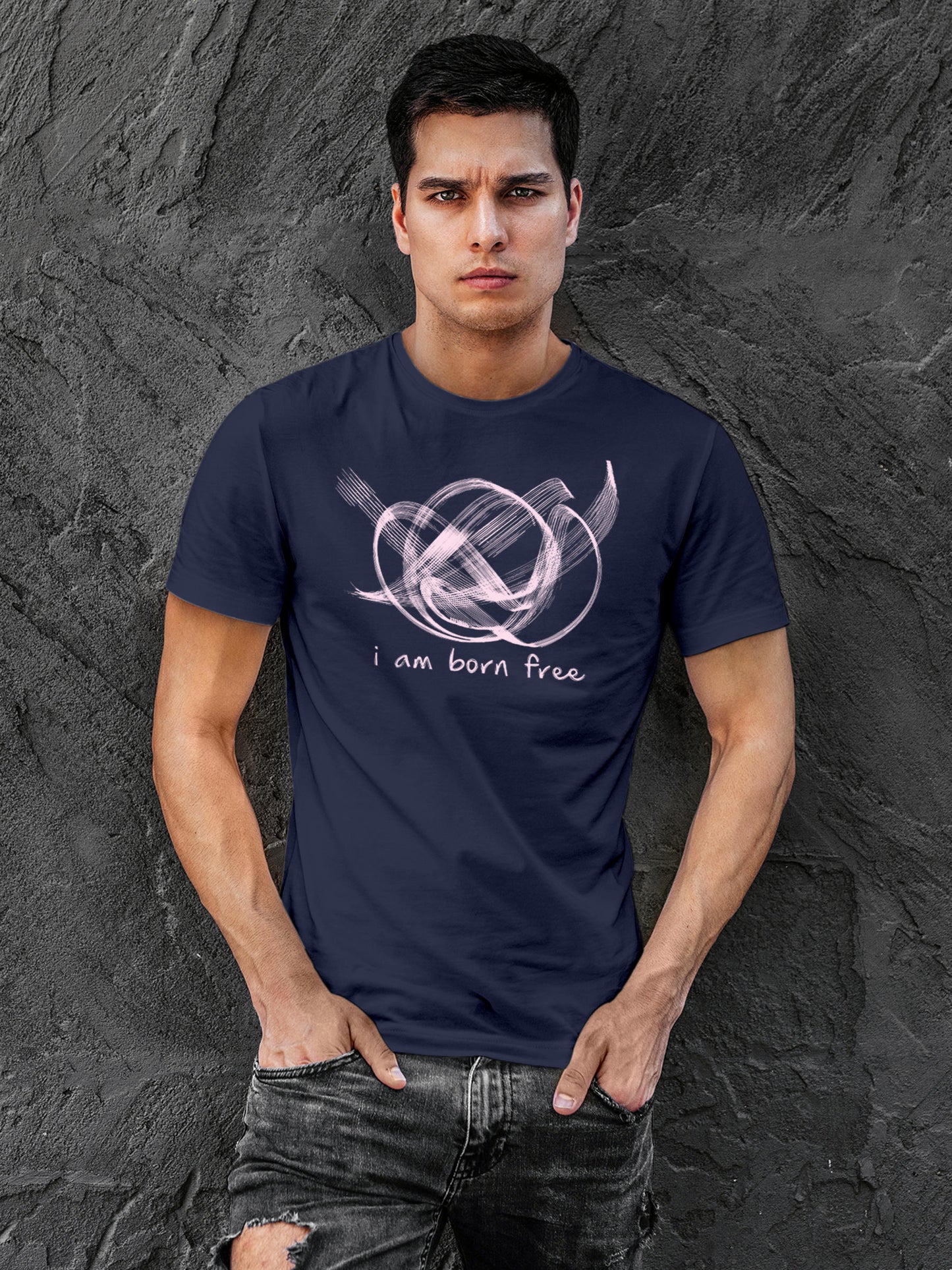 Model wearing Men's Navy Blue Round Neck T-shirt with 'Born Free' design, offering effortless style and premium comfort