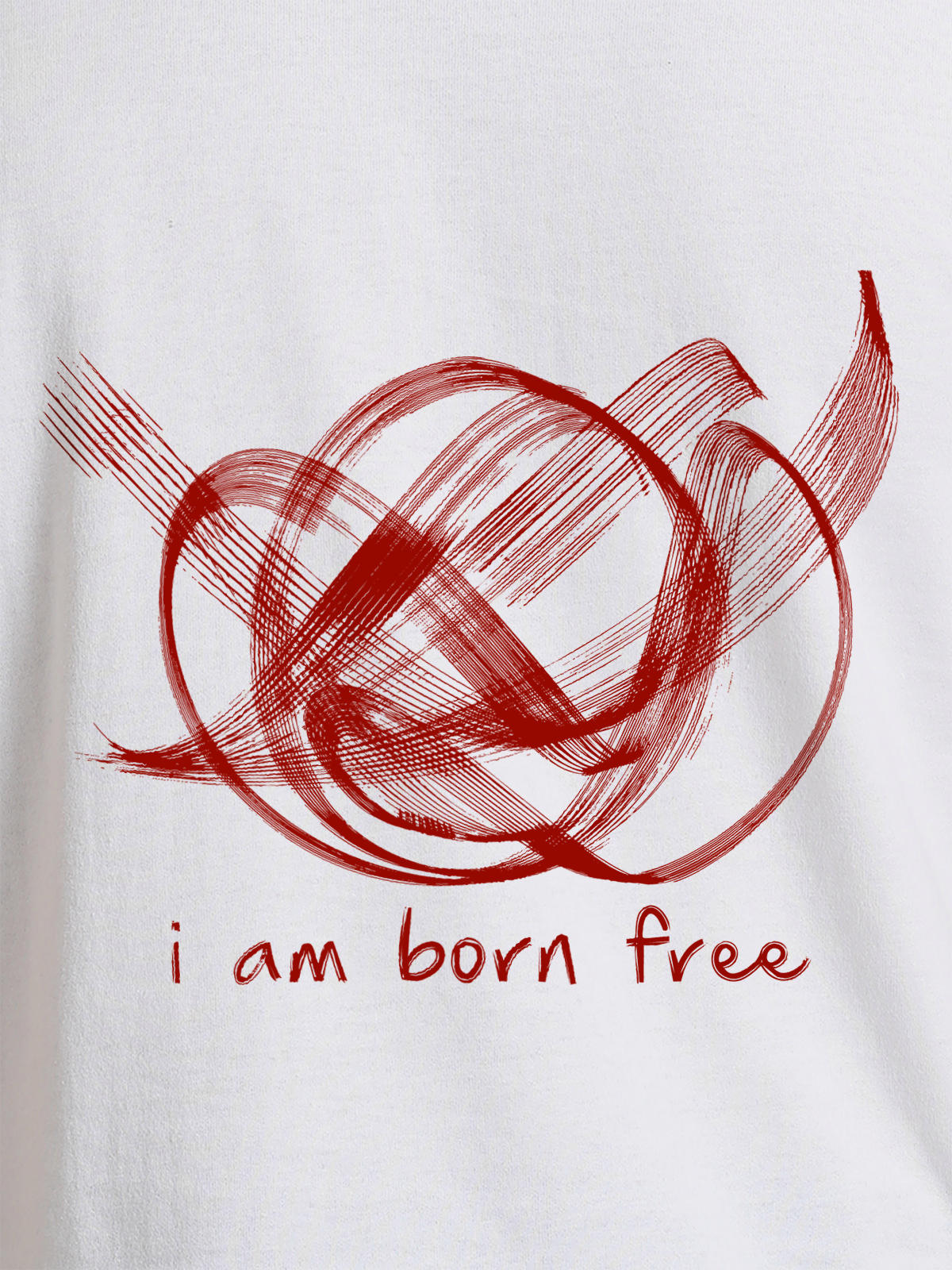 Close up of 'Born Free' design on Men's White Round Neck T-shirt, highlighting intricate details and vibrant print.