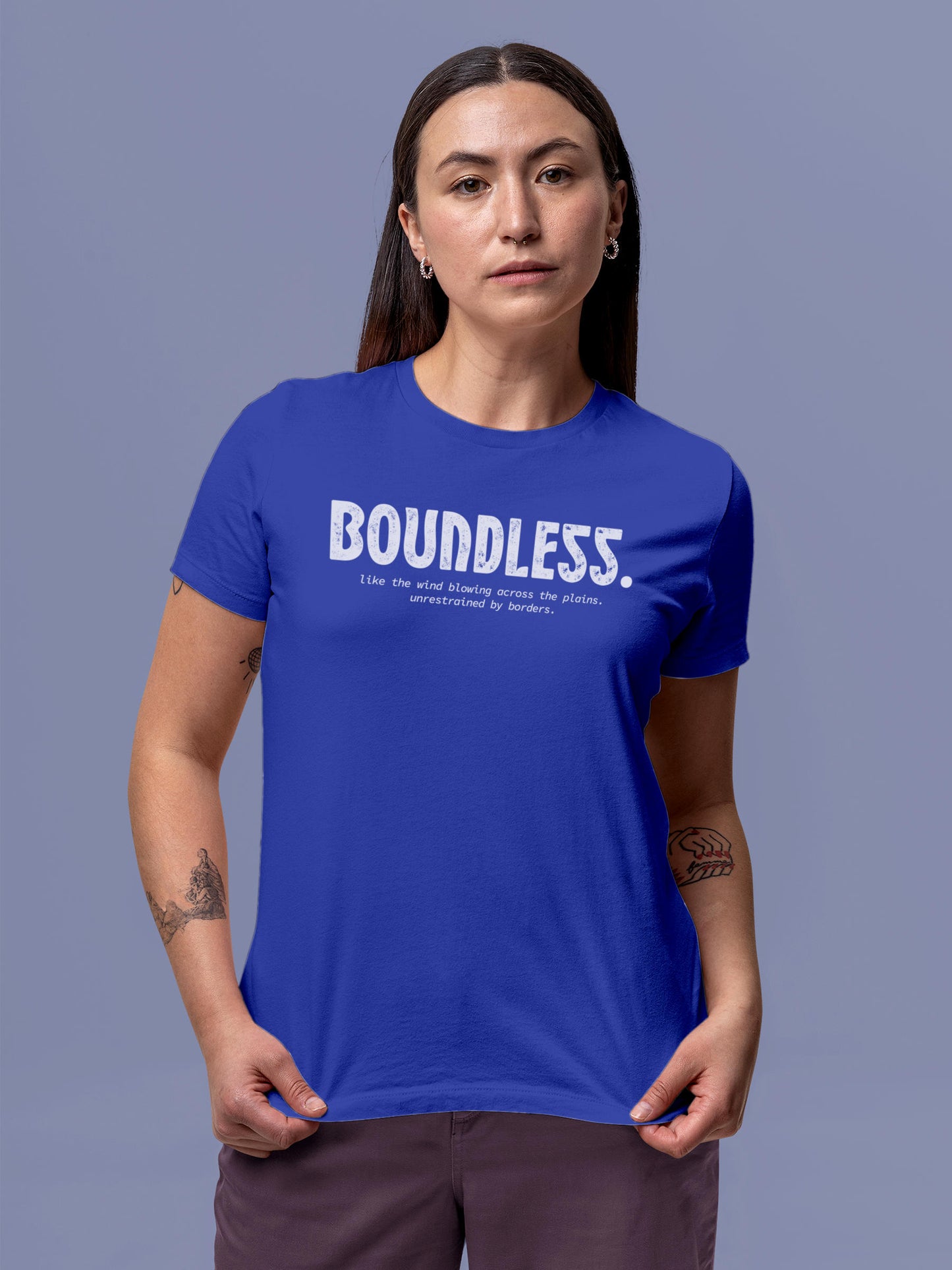 Model wearing Women's Blue Round Neck T-shirt with 'Boundless' design, offering effortless style and premium comfort