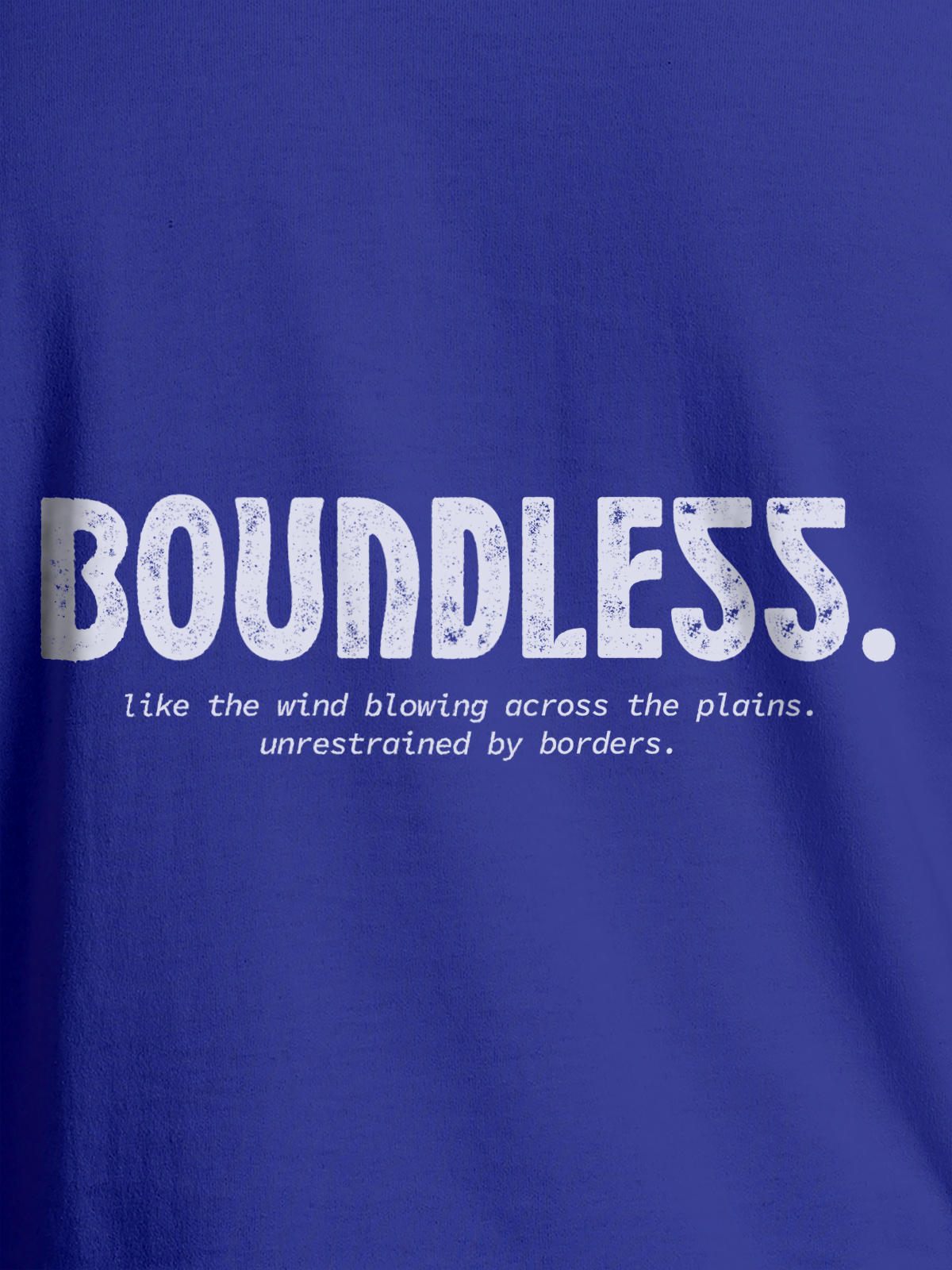 Close up of 'Boundless' design on Women's Blue Round Neck T-shirt, highlighting intricate details and vibrant print.